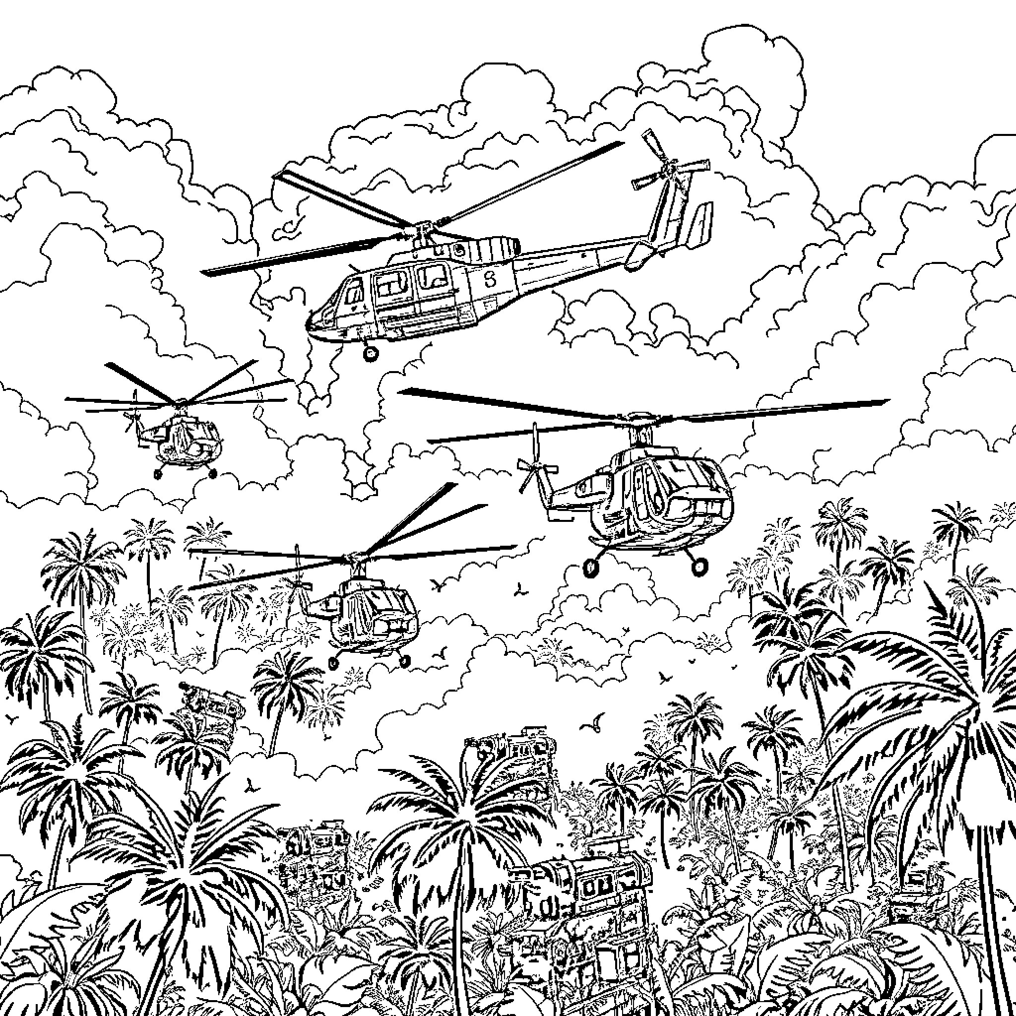 Huey helicopters soaring over lush tropical landscape Coloring Page (free black-and-white line drawing printable PDF for all, from beginners to advanced learners, including children, teens, adults, and seniors)