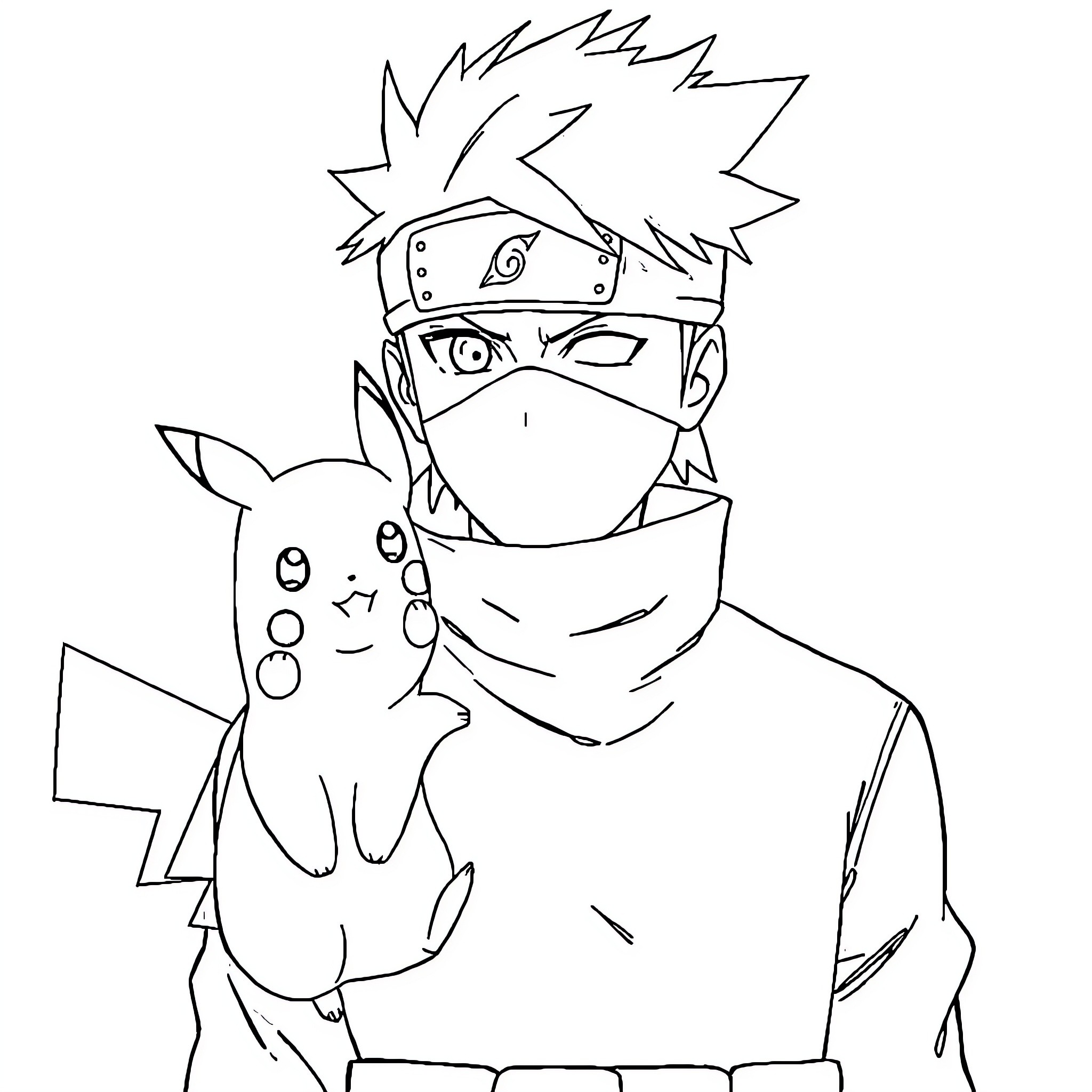 Kakashi and Pikachu in Ninja Gear Coloring Page (free black-and-white line drawing printable PDF for all, from beginners to advanced learners, including children, teens, adults, and seniors)