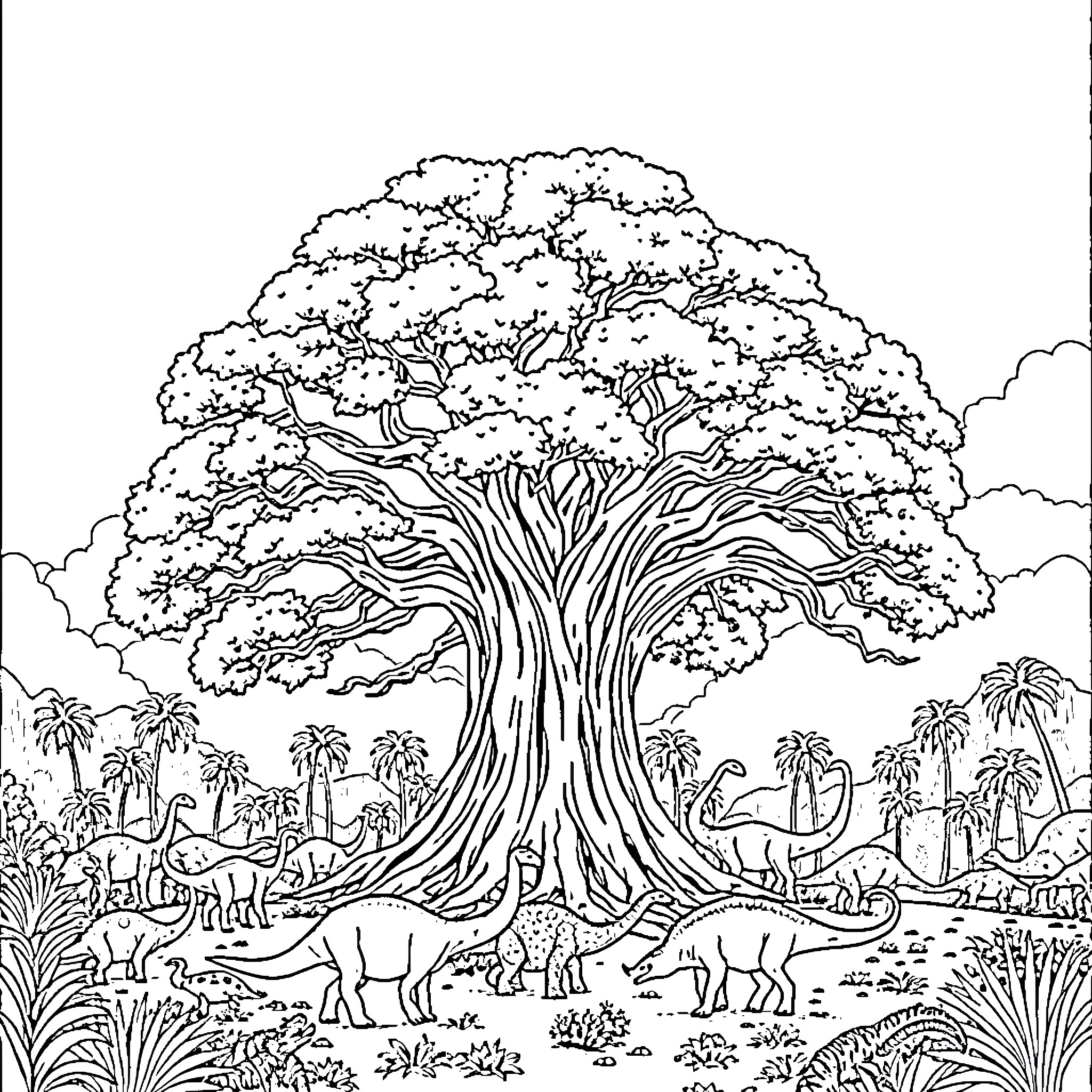 Tree in Prehistoric Landscape with Dinosaurs Coloring Page (free black-and-white line drawing printable PDF for all, from beginners to advanced learners, including children, teens, adults, and seniors)