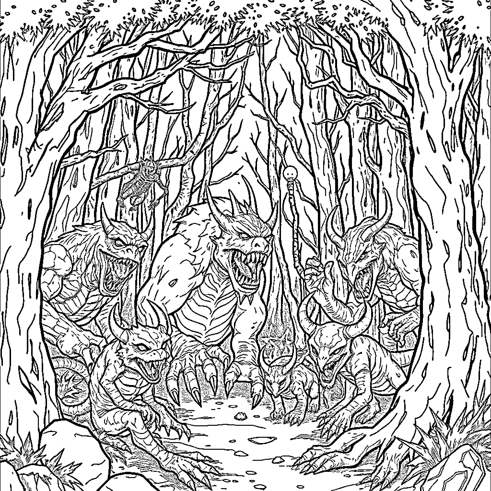 Monster Horde Prowling Through Mysterious Forest Coloring Page (free black-and-white line drawing printable PDF for all, from beginners to advanced learners, including children, teens, adults, and seniors)