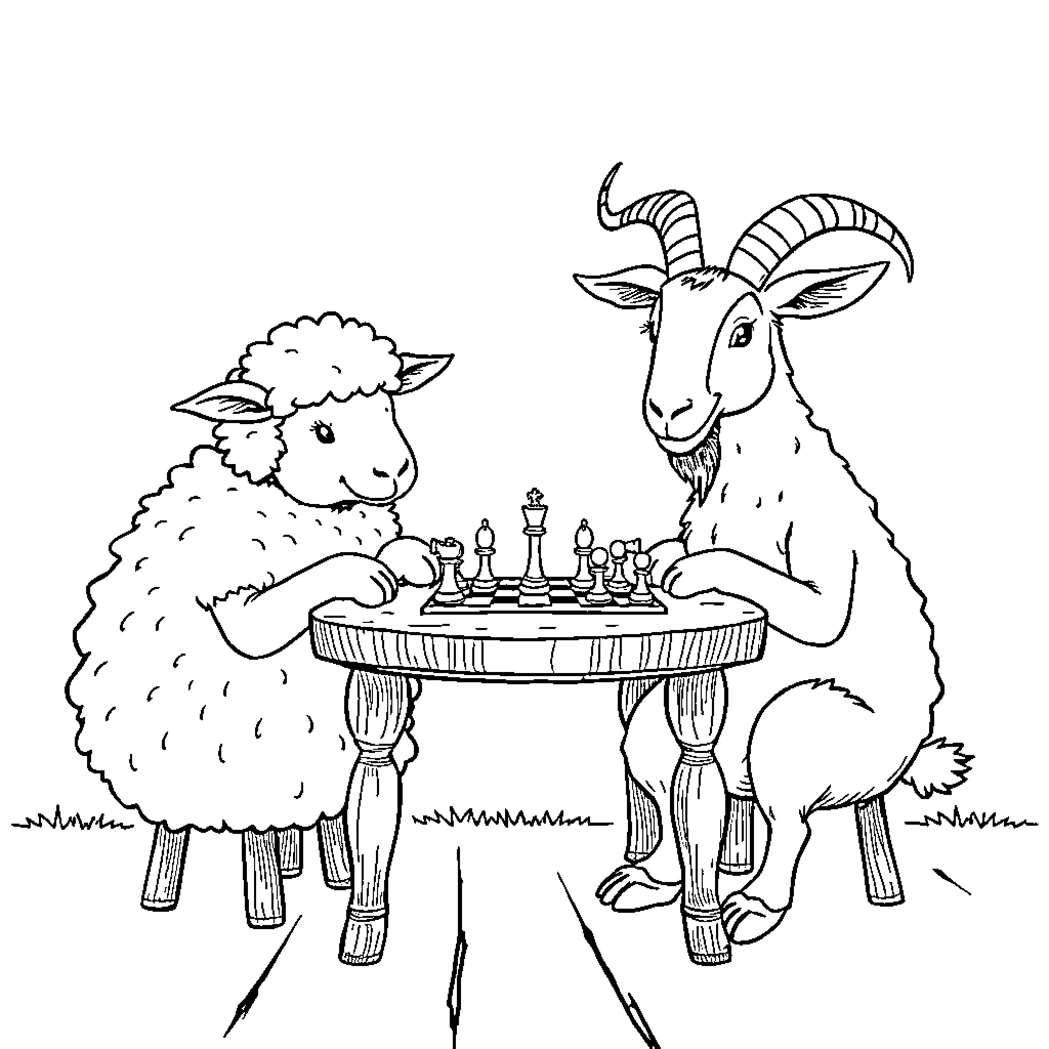 Sheep and goat playing chess together Coloring Page (free black-and-white line drawing printable PDF for all, from beginners to advanced learners, including children, teens, adults, and seniors)