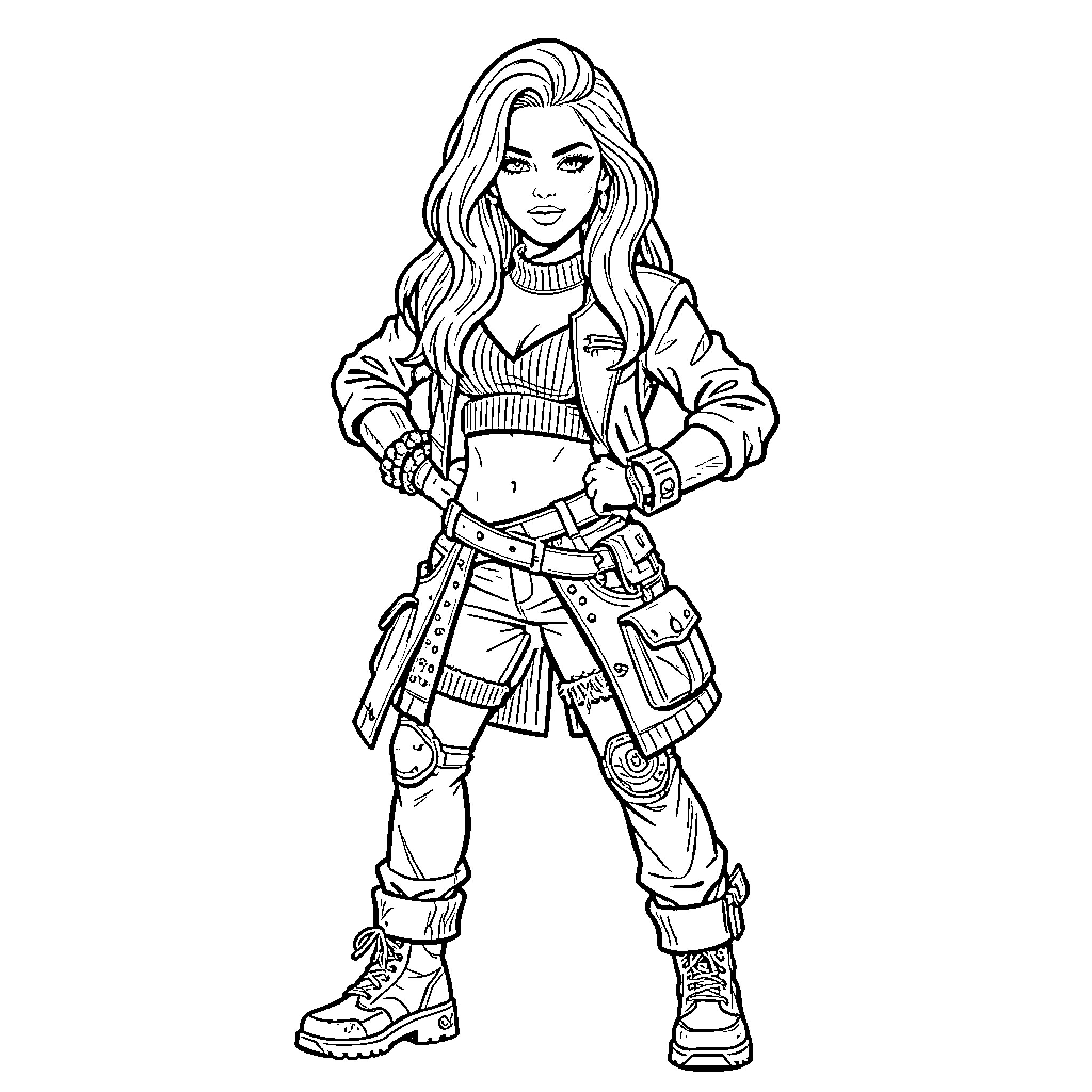 Ariana Grande posing confidently in stylish streetwear outfit Coloring Page (free black-and-white line drawing printable PDF for all, from beginners to advanced learners, including children, teens, adults, and seniors)