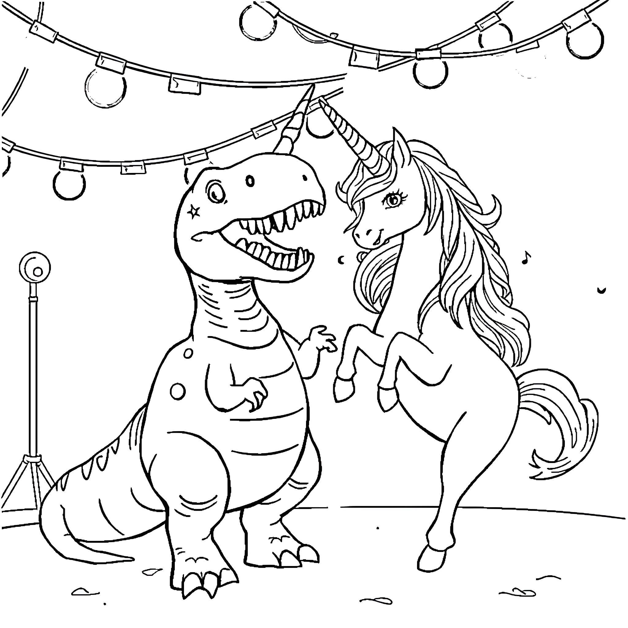 Dinosaur and Unicorn Celebrating Together Coloring Page (free black-and-white line drawing printable PDF for all, from beginners to advanced learners, including children, teens, adults, and seniors)