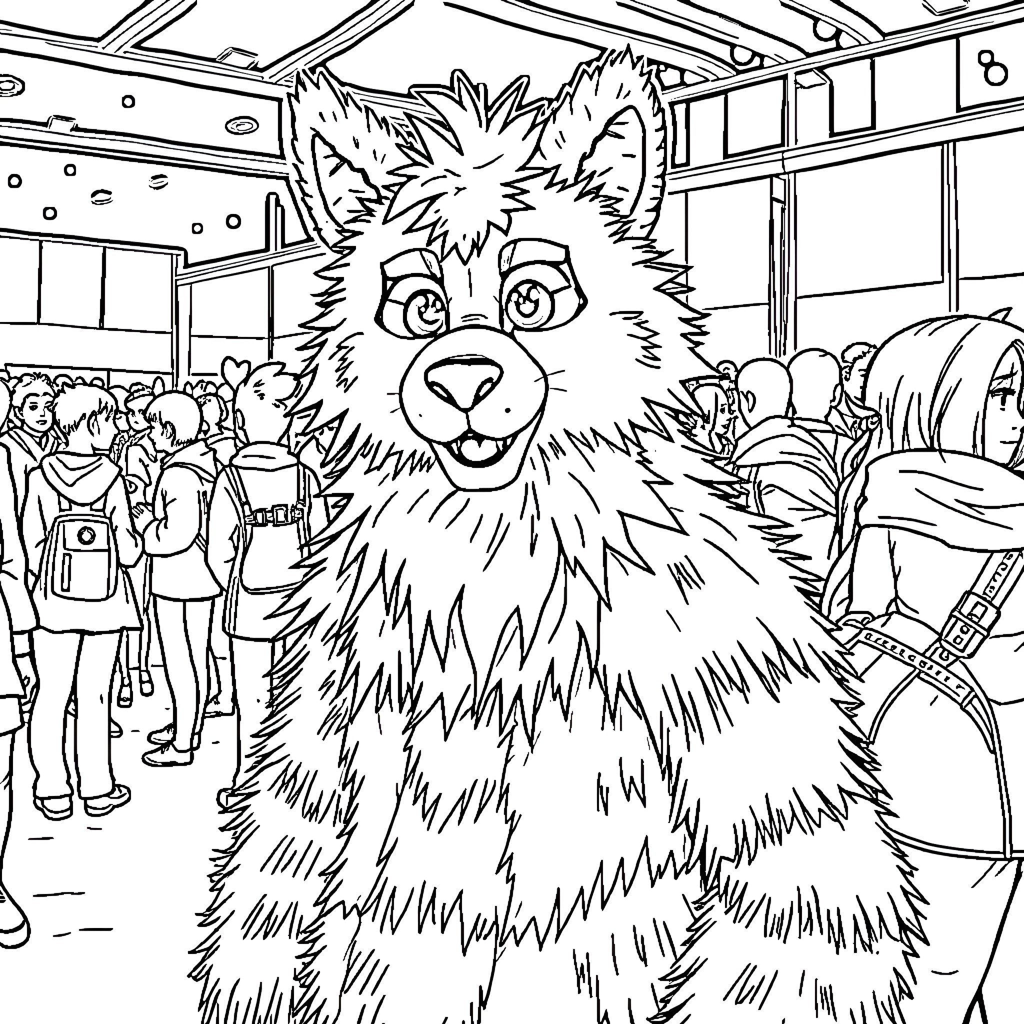 Fursuiter expressing excitement in a crowded venue Coloring Page (free black-and-white line drawing printable PDF for all, from beginners to advanced learners, including children, teens, adults, and seniors)