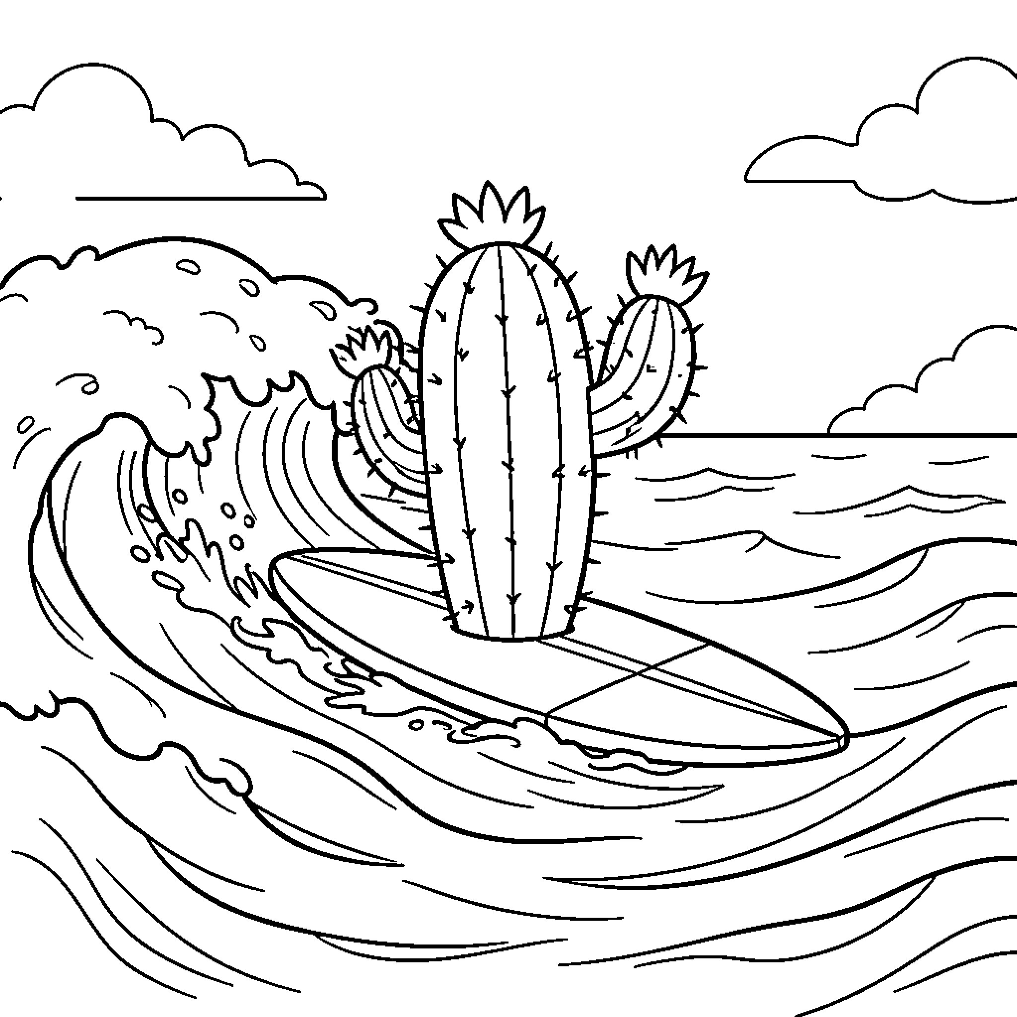Cactus riding a large wave on a surfboard Coloring Page (free black-and-white line drawing printable PDF for all, from beginners to advanced learners, including children, teens, adults, and seniors)