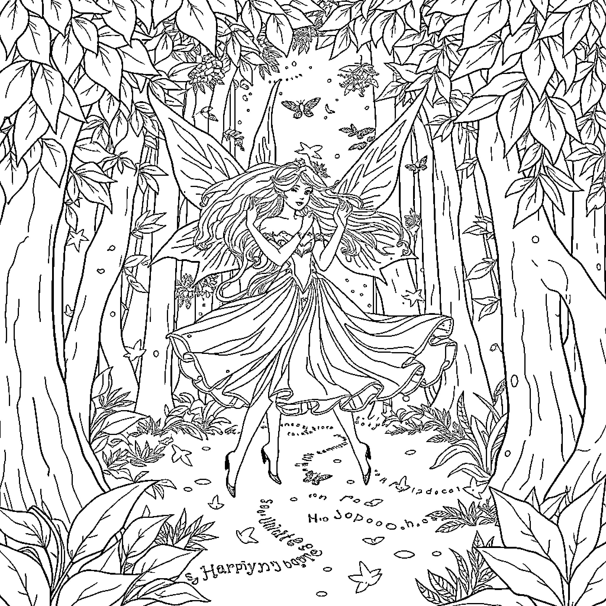 Had a Fairy Tale Moment in the Enchanted Forest Coloring Page (free black-and-white line drawing printable PDF for all, from beginners to advanced learners, including children, teens, adults, and seniors)