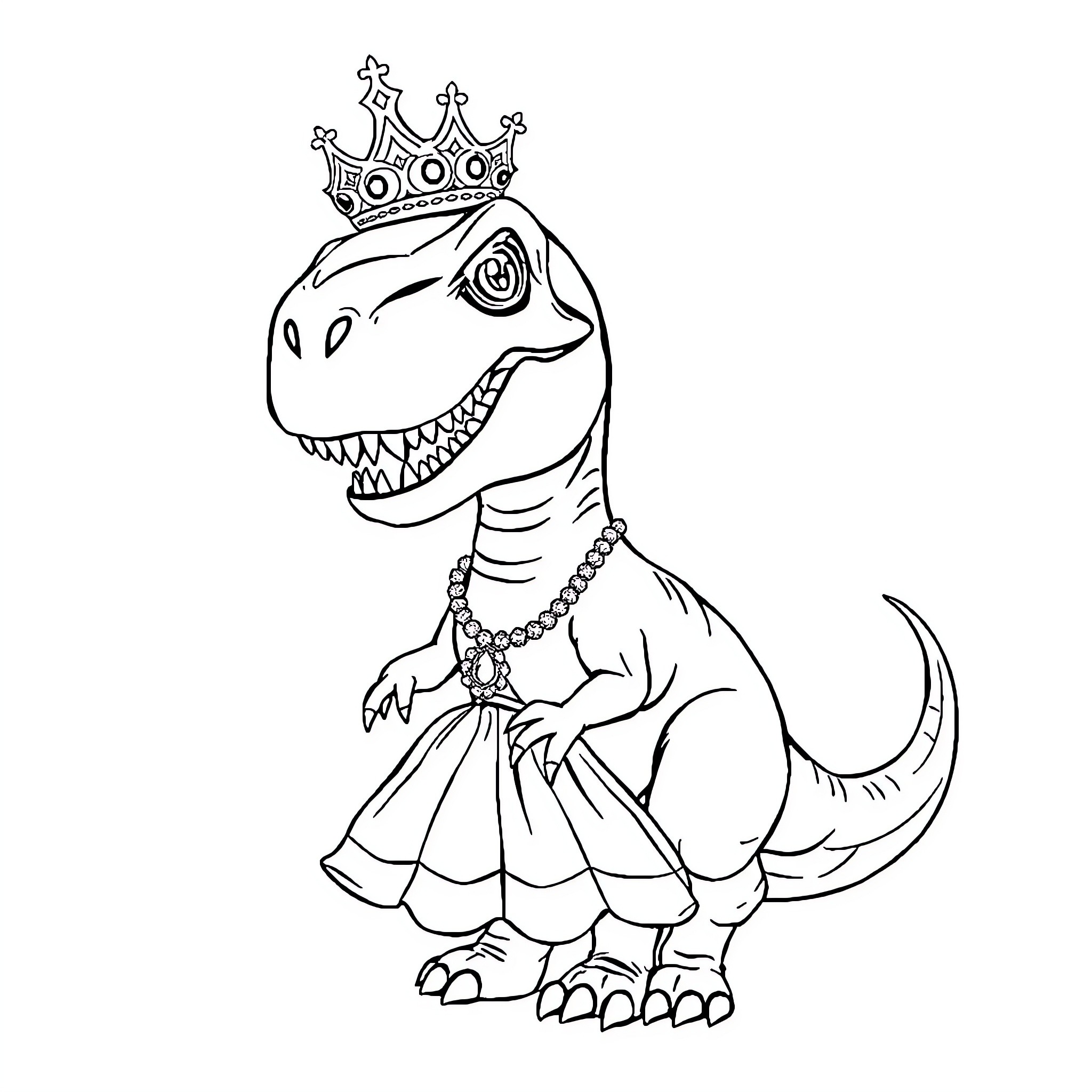 T-Rex wearing a crown and royal attire Coloring Page (free black-and-white line drawing printable PDF for all, from beginners to advanced learners, including children, teens, adults, and seniors)