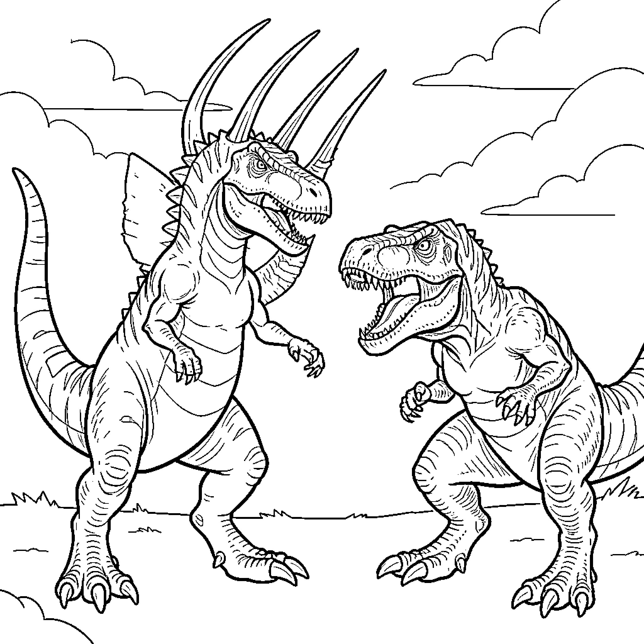 Therizinosaurus facing off against another large dinosaur Coloring Page (free black-and-white line drawing printable PDF for all, from beginners to advanced learners, including children, teens, adults, and seniors)