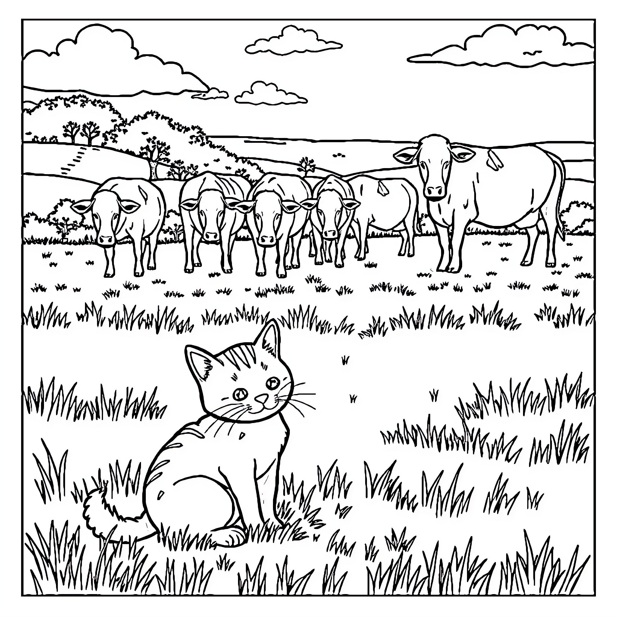 Cat in the field with cows Coloring Page (free black-and-white line drawing printable PDF for all, from beginners to advanced learners, including children, teens, adults, and seniors)