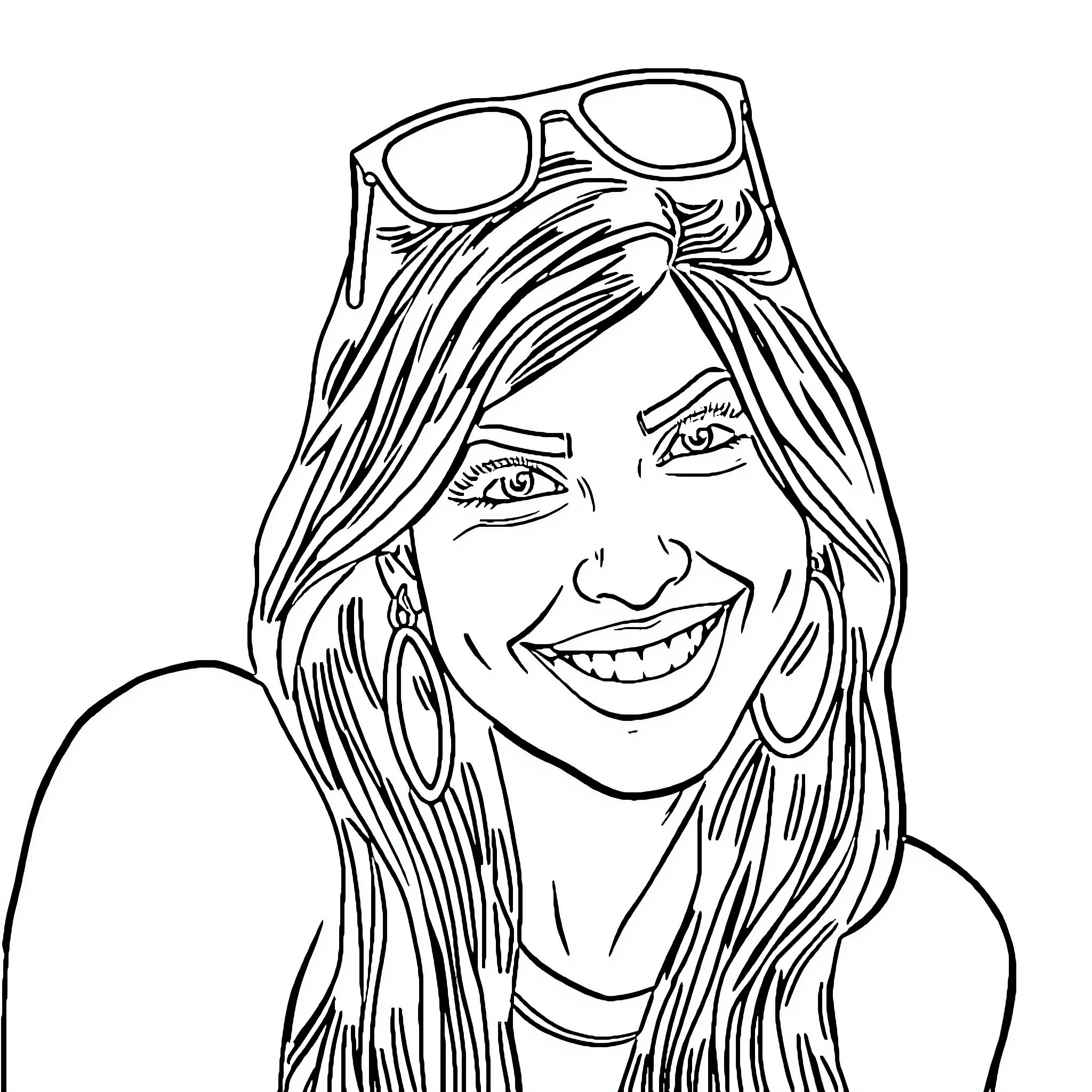 Mia Khalifa smiling with sunglasses Coloring Page (free black-and-white line drawing printable PDF for all, from beginners to advanced learners, including children, teens, adults, and seniors)