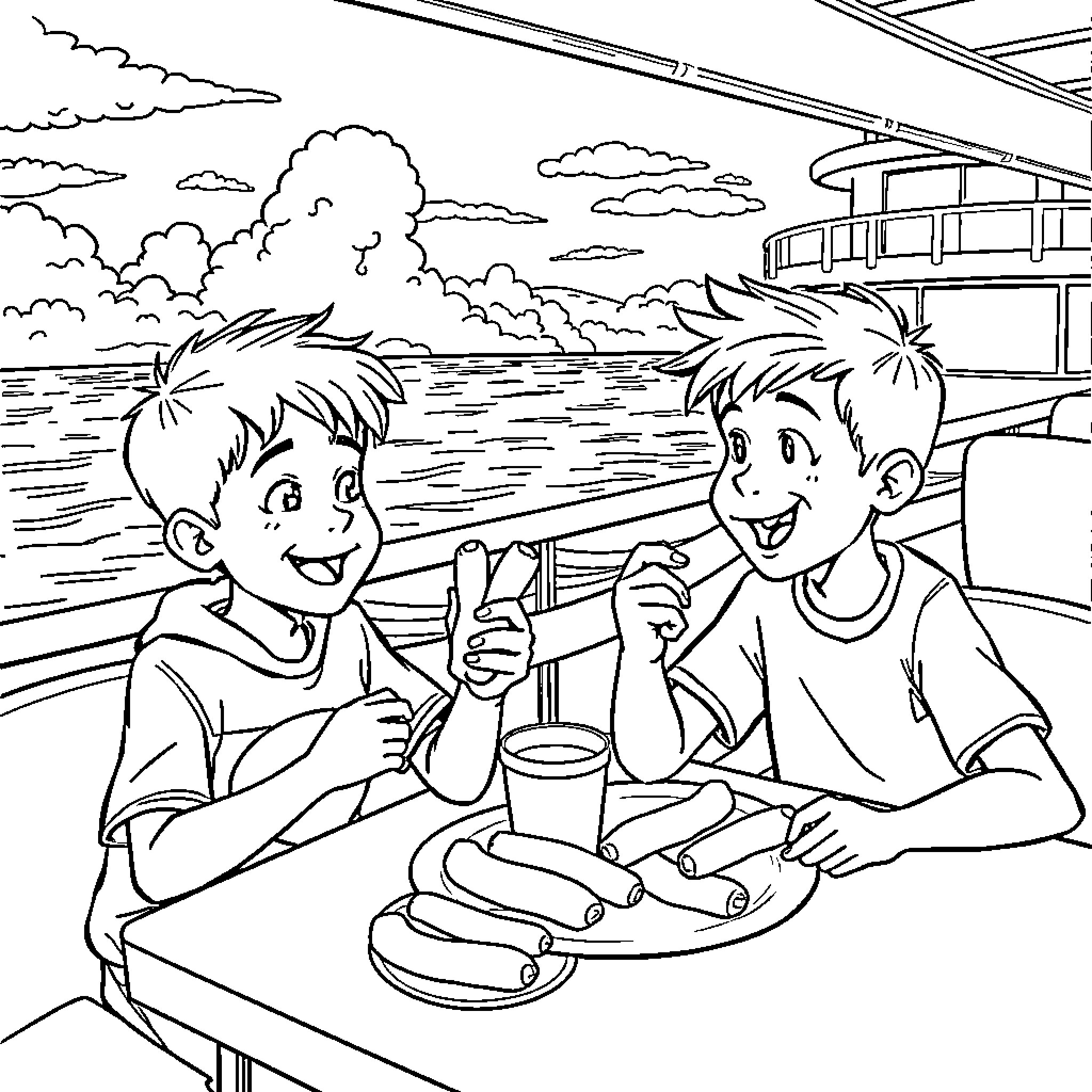 Boys enjoying a summer day by the lake Coloring Page (free black-and-white line drawing printable PDF for all, from beginners to advanced learners, including children, teens, adults, and seniors)