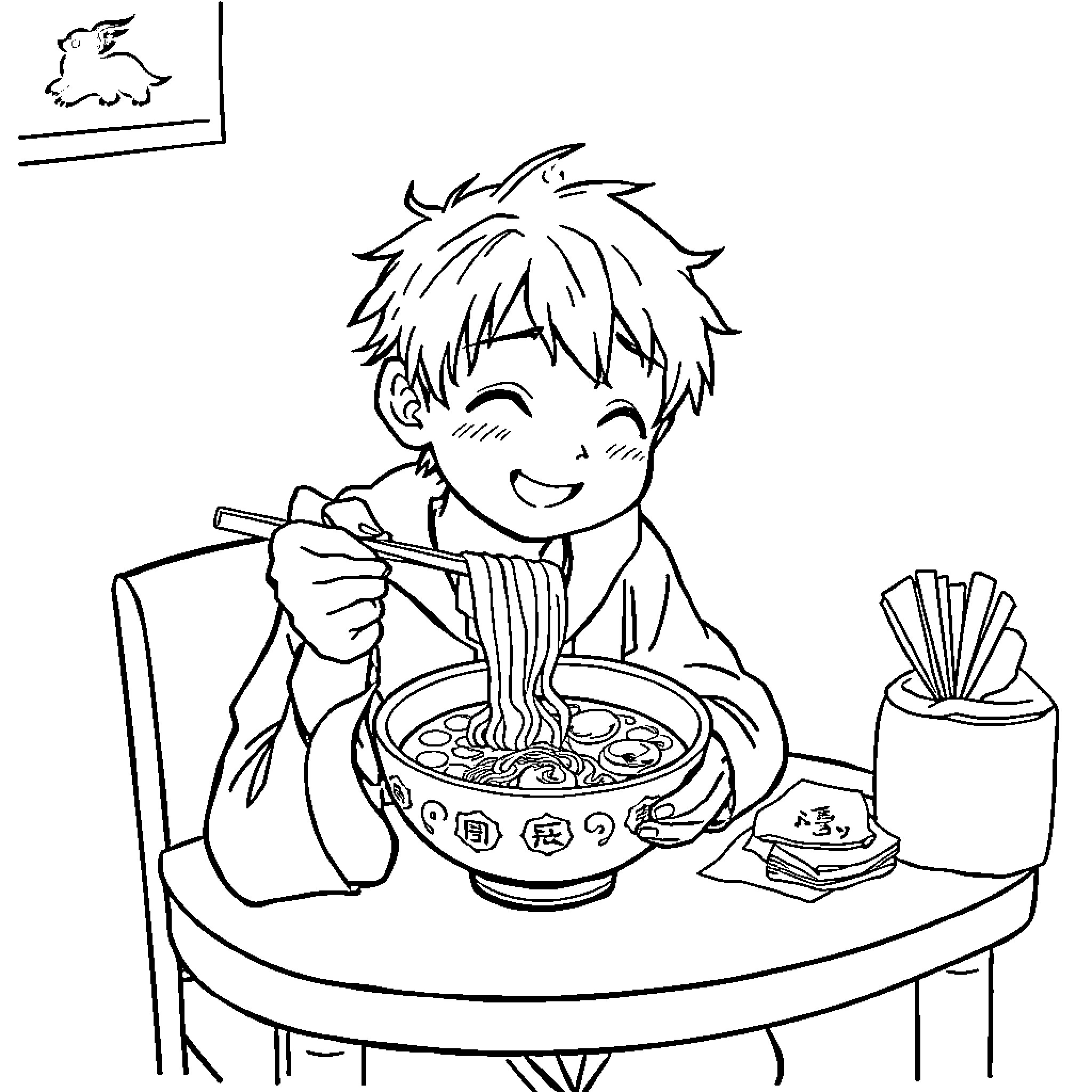 Jinu Enjoying a Delightful Noodle Dish Coloring Page (free black-and-white line drawing printable PDF for all, from beginners to advanced learners, including children, teens, adults, and seniors)