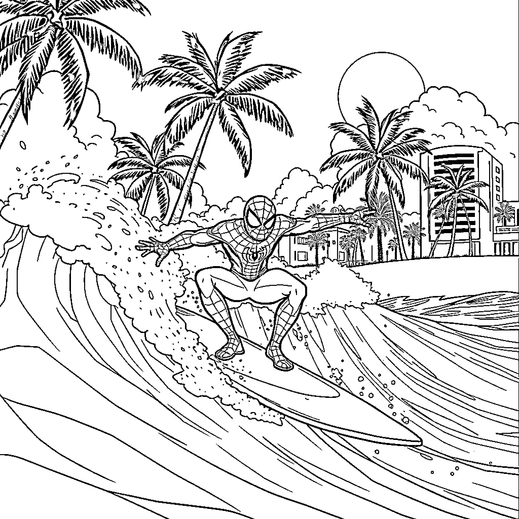 Spiderman surfing on a tropical beach Coloring Page (free black-and-white line drawing printable PDF for all, from beginners to advanced learners, including children, teens, adults, and seniors)
