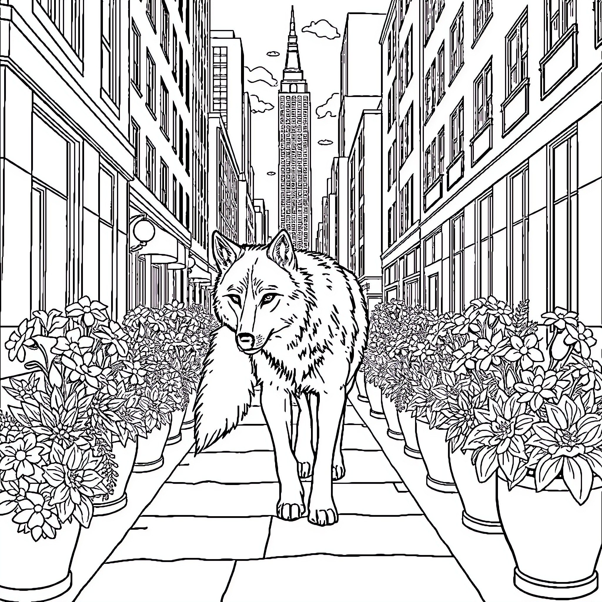 Wolf traversing through a bustling urban landscape Coloring Page (free black-and-white line drawing printable PDF for all, from beginners to advanced learners, including children, teens, adults, and seniors)