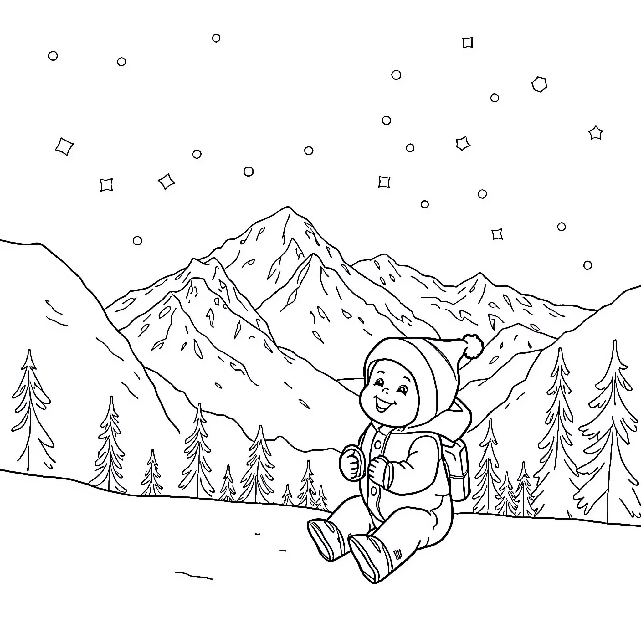 Baby playing in snowy mountain landscape Coloring Page (free black-and-white line drawing printable PDF for all, from beginners to advanced learners, including children, teens, adults, and seniors)
