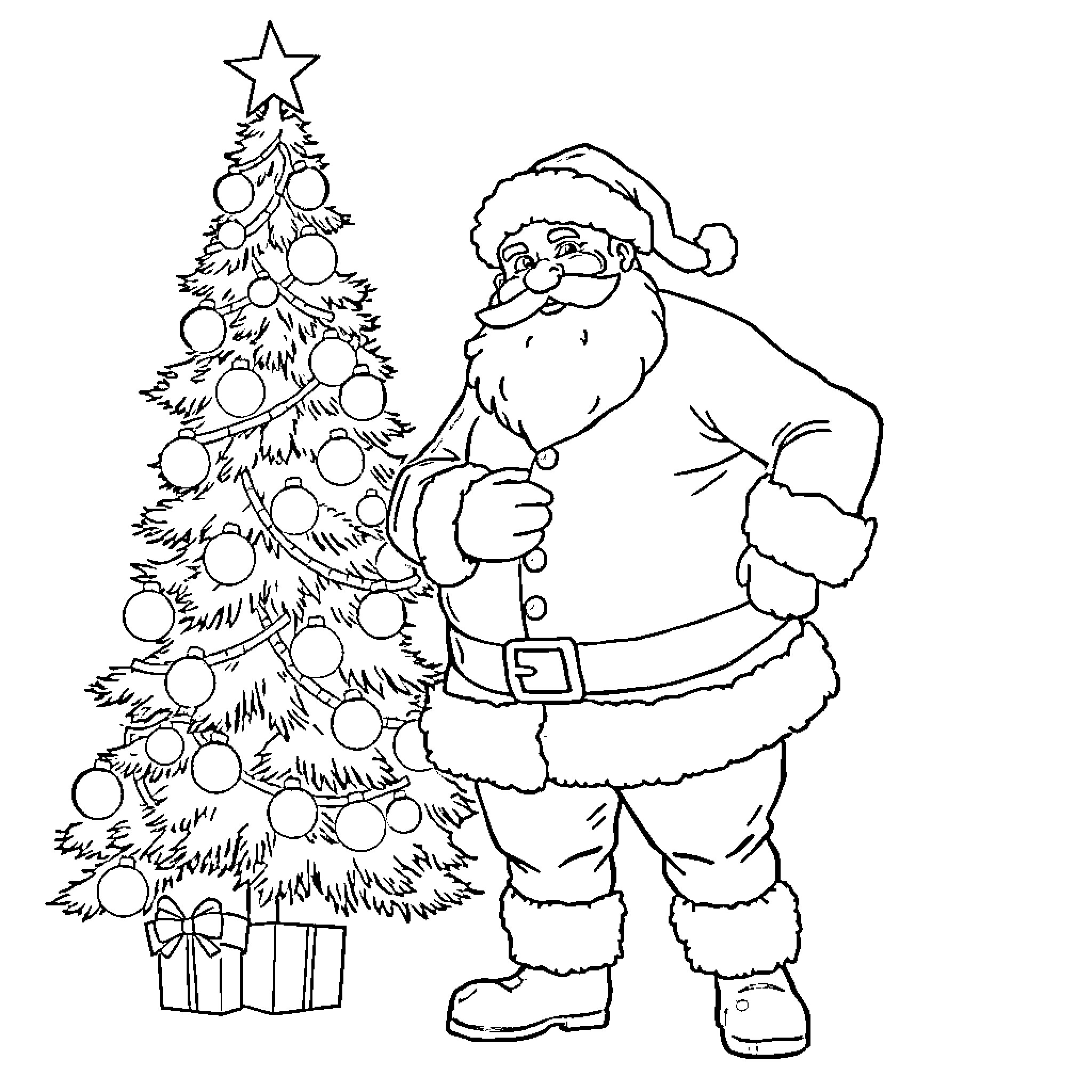 Santa decorating Christmas tree with ornaments Coloring Page (free black-and-white line drawing printable PDF for all, from beginners to advanced learners, including children, teens, adults, and seniors)
