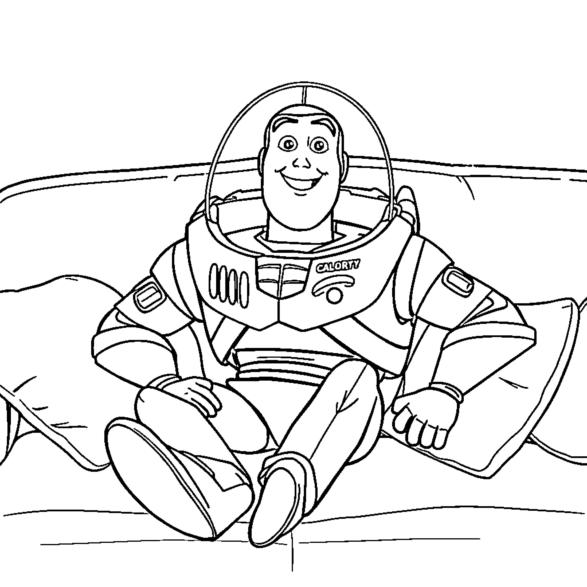 Buzz Lightyear flying in space exploration Coloring Page (free black-and-white line drawing printable PDF for all, from beginners to advanced learners, including children, teens, adults, and seniors)