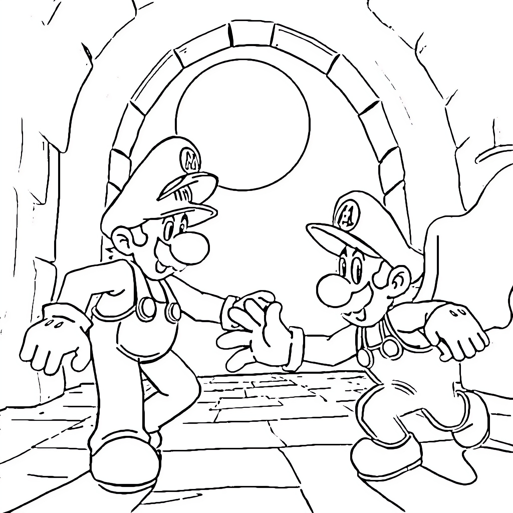 Luigi and Mario adventuring through a fantastical realm Coloring Page (free black-and-white line drawing printable PDF for all, from beginners to advanced learners, including children, teens, adults, and seniors)