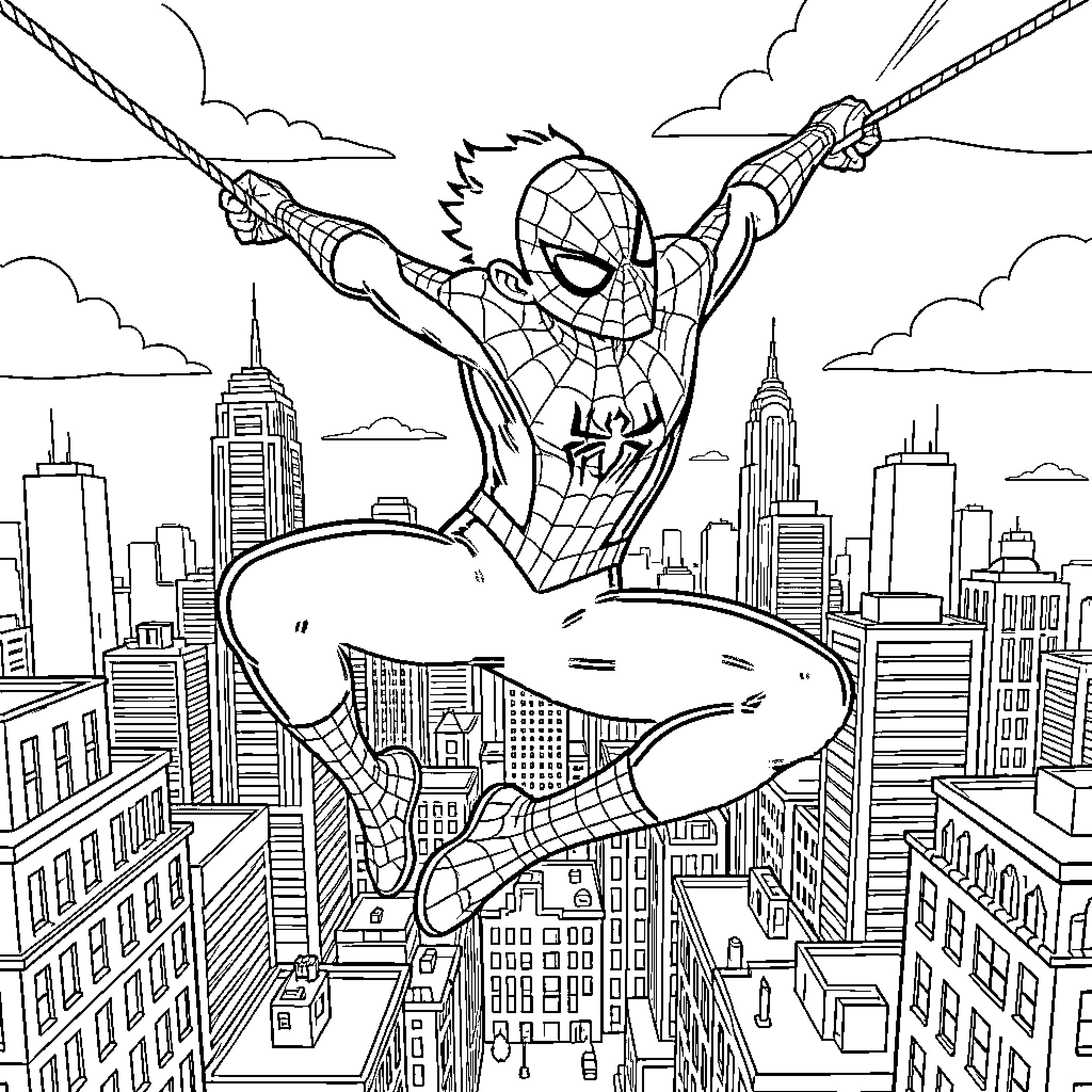 Miles Morales swinging through the city skyline Coloring Page (free black-and-white line drawing printable PDF for all, from beginners to advanced learners, including children, teens, adults, and seniors)