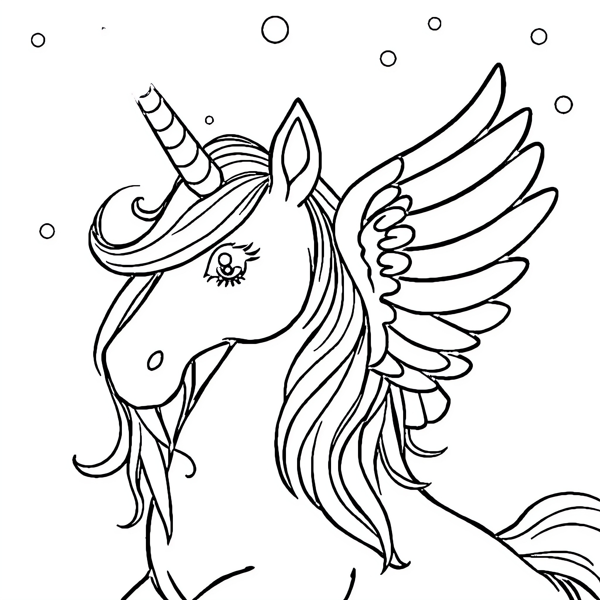 Alicorn with Flowing Mane and Wings Coloring Page (free black-and-white line drawing printable PDF for all, from beginners to advanced learners, including children, teens, adults, and seniors)