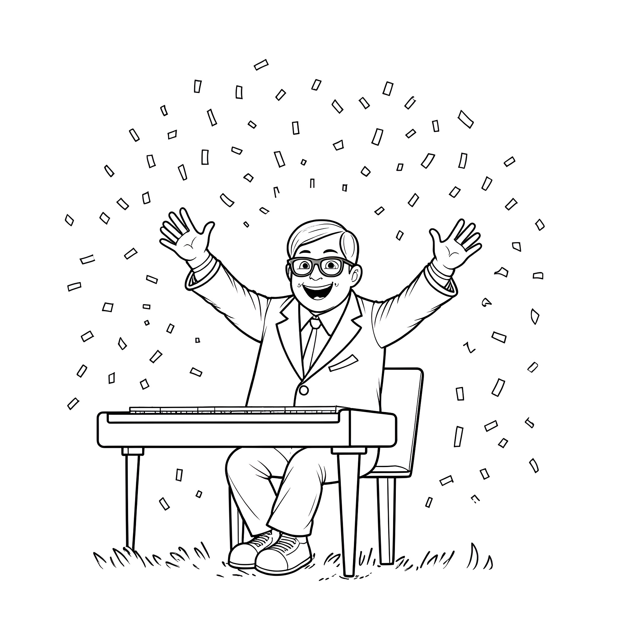 Elton John performing on stage with joy and enthusiasm Coloring Page (free black-and-white line drawing printable PDF for all, from beginners to advanced learners, including children, teens, adults, and seniors)