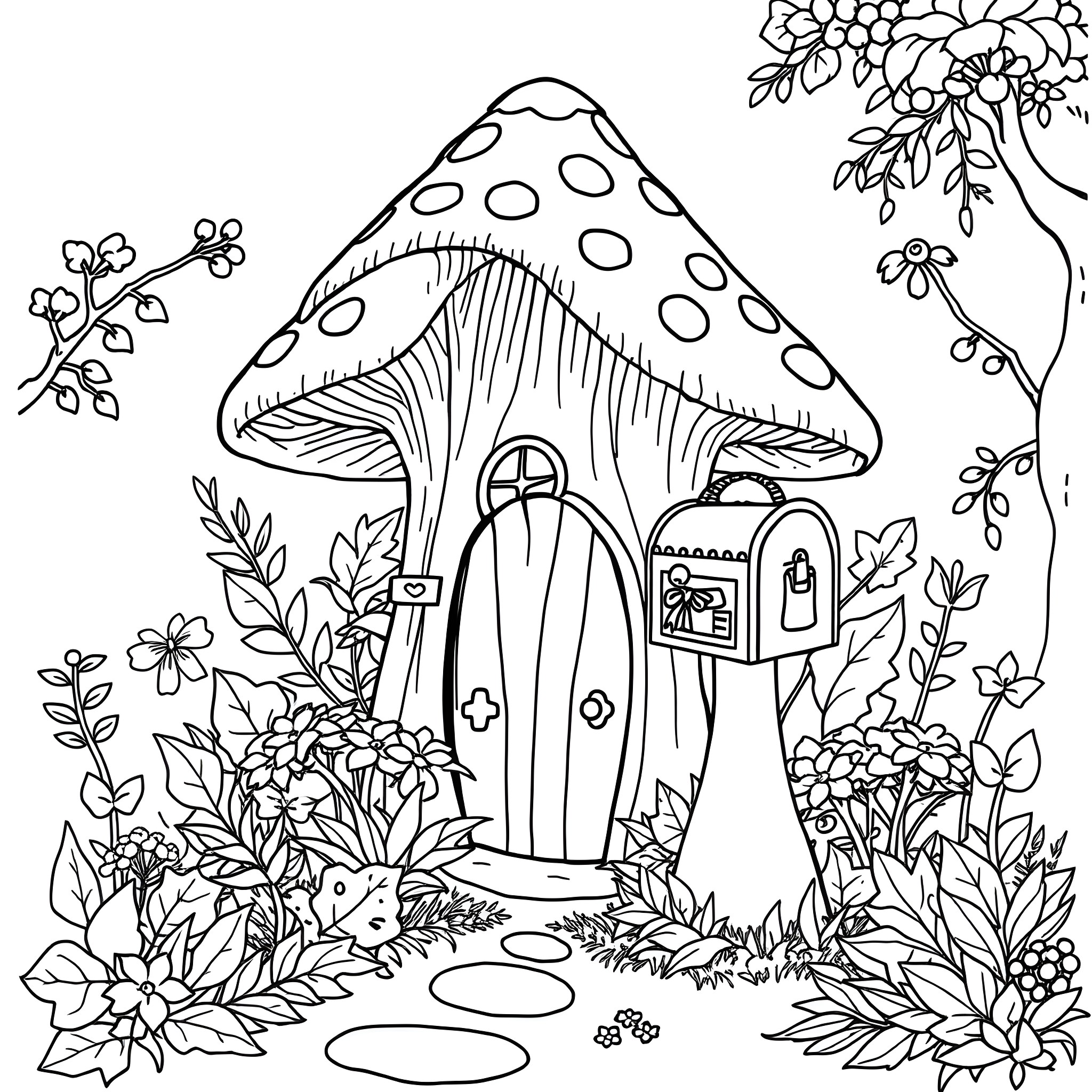 Mushroom dwelling in whimsical floral landscape Coloring Page (free black-and-white line drawing printable PDF for all, from beginners to advanced learners, including children, teens, adults, and seniors)