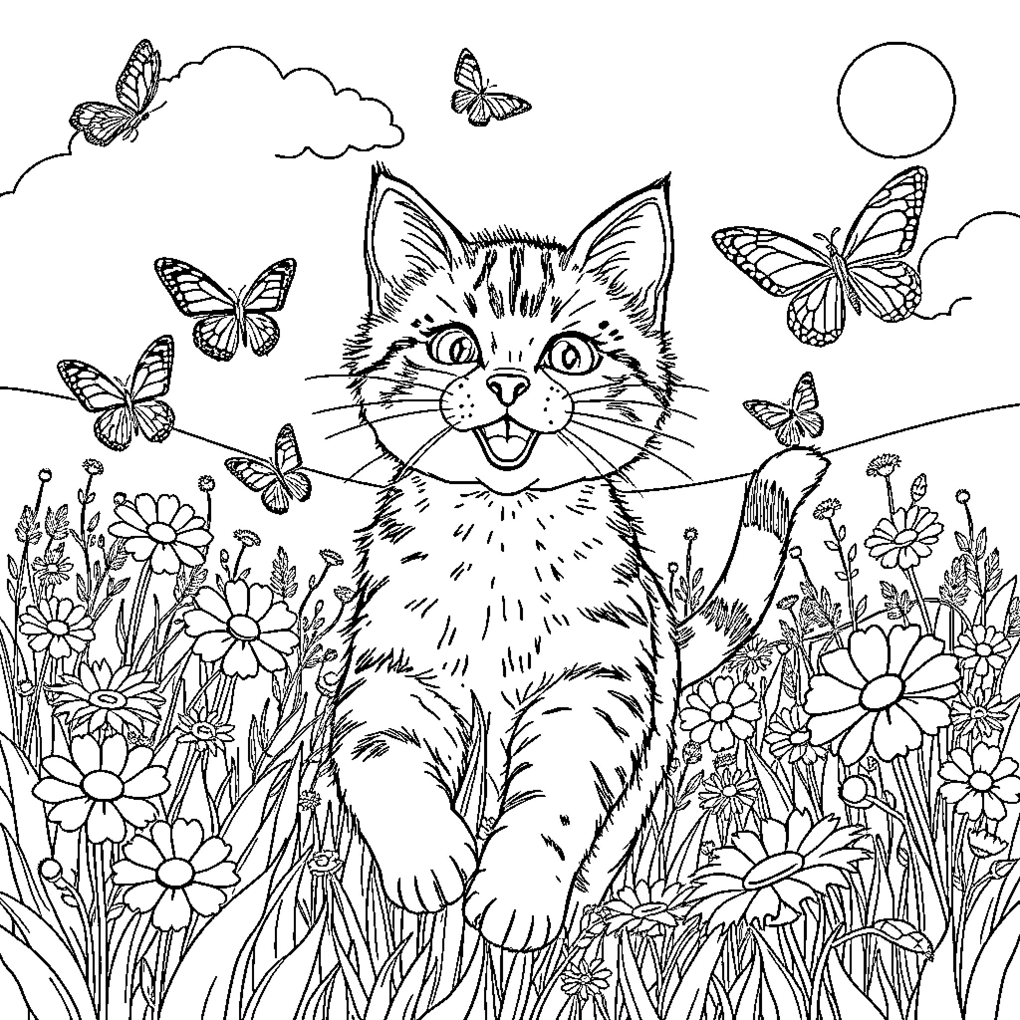 Cat among butterflies and flowers Coloring Page (free black-and-white line drawing printable PDF for all, from beginners to advanced learners, including children, teens, adults, and seniors)