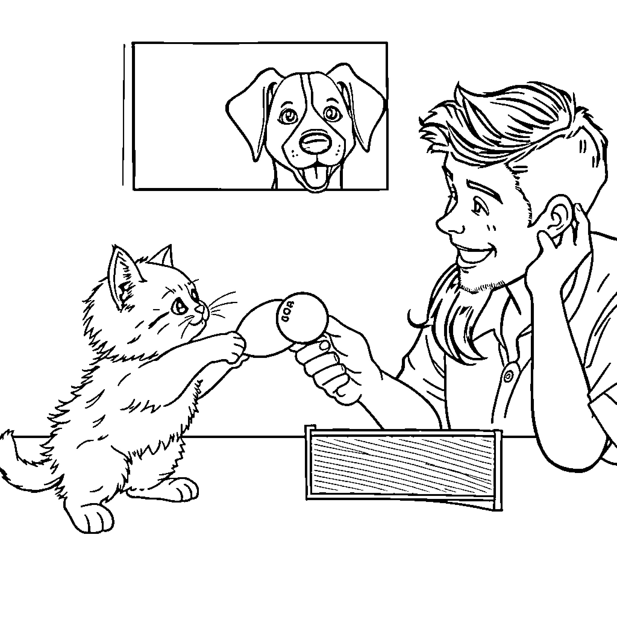 Kitten and boy playing with toys happily Coloring Page (free black-and-white line drawing printable PDF for all, from beginners to advanced learners, including children, teens, adults, and seniors)