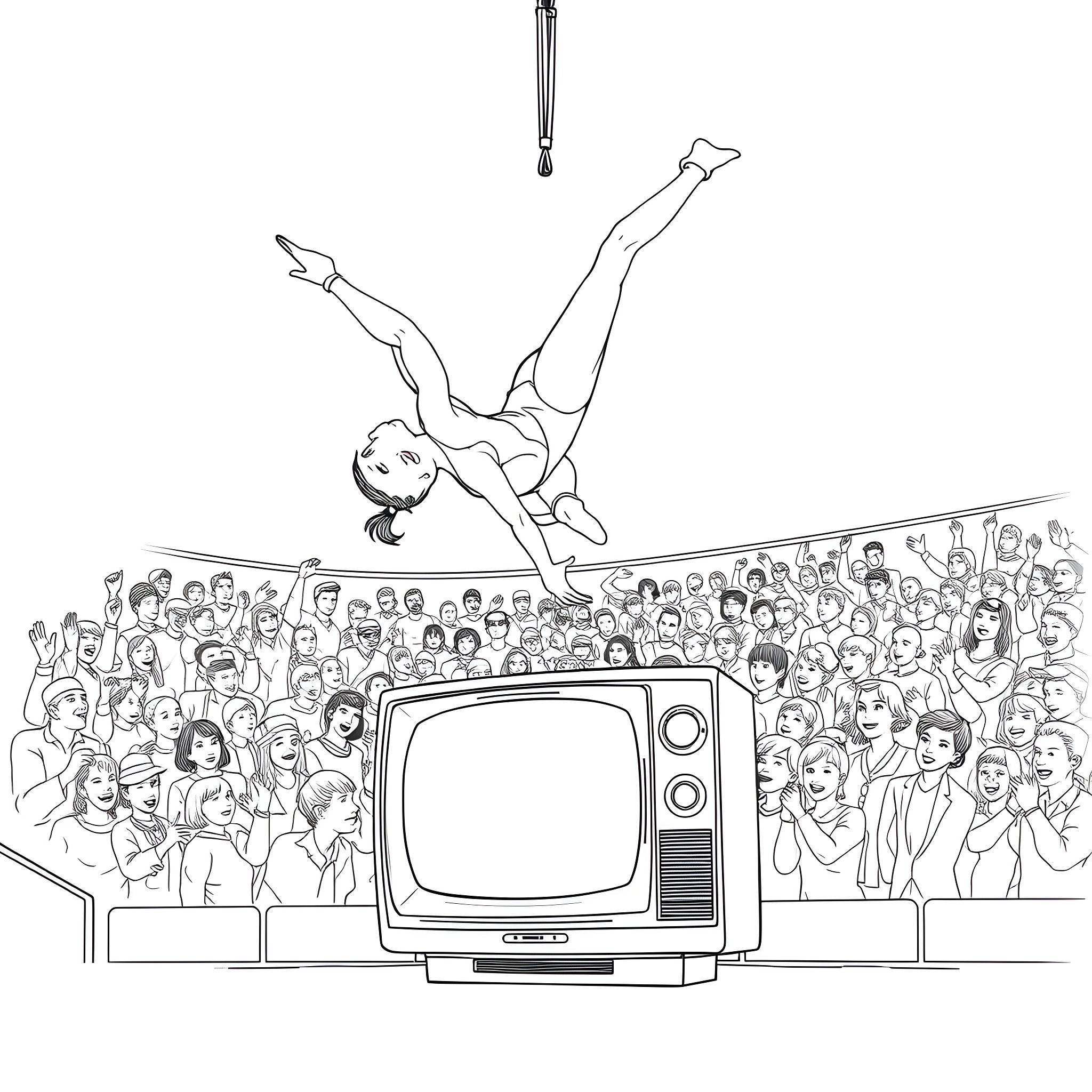 Gymnast performing acrobatic routine on TV screen Coloring Page (free black-and-white line drawing printable PDF for all, from beginners to advanced learners, including children, teens, adults, and seniors)
