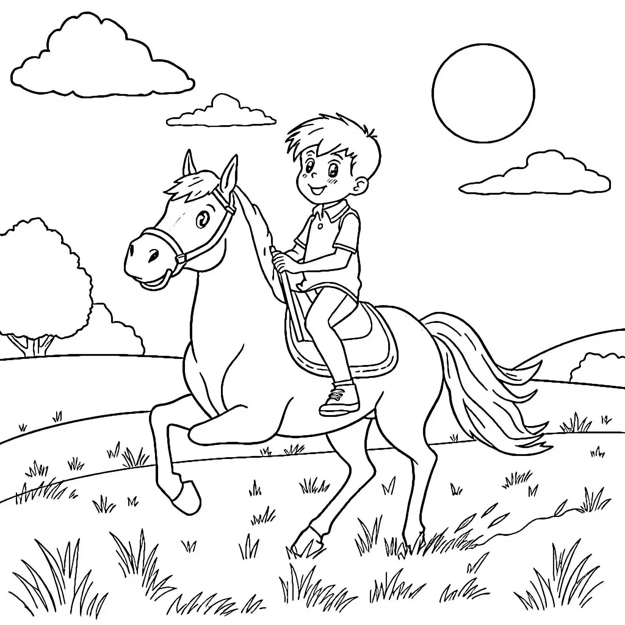 Boy riding a horse through the countryside Coloring Page (free black-and-white line drawing printable PDF for all, from beginners to advanced learners, including children, teens, adults, and seniors)