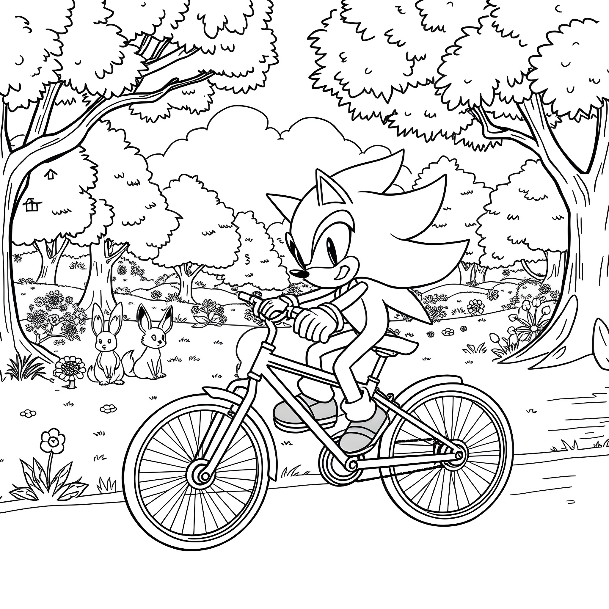 Shadow of a fox riding a bicycle in the forest Coloring Page (free black-and-white line drawing printable PDF for all, from beginners to advanced learners, including children, teens, adults, and seniors)