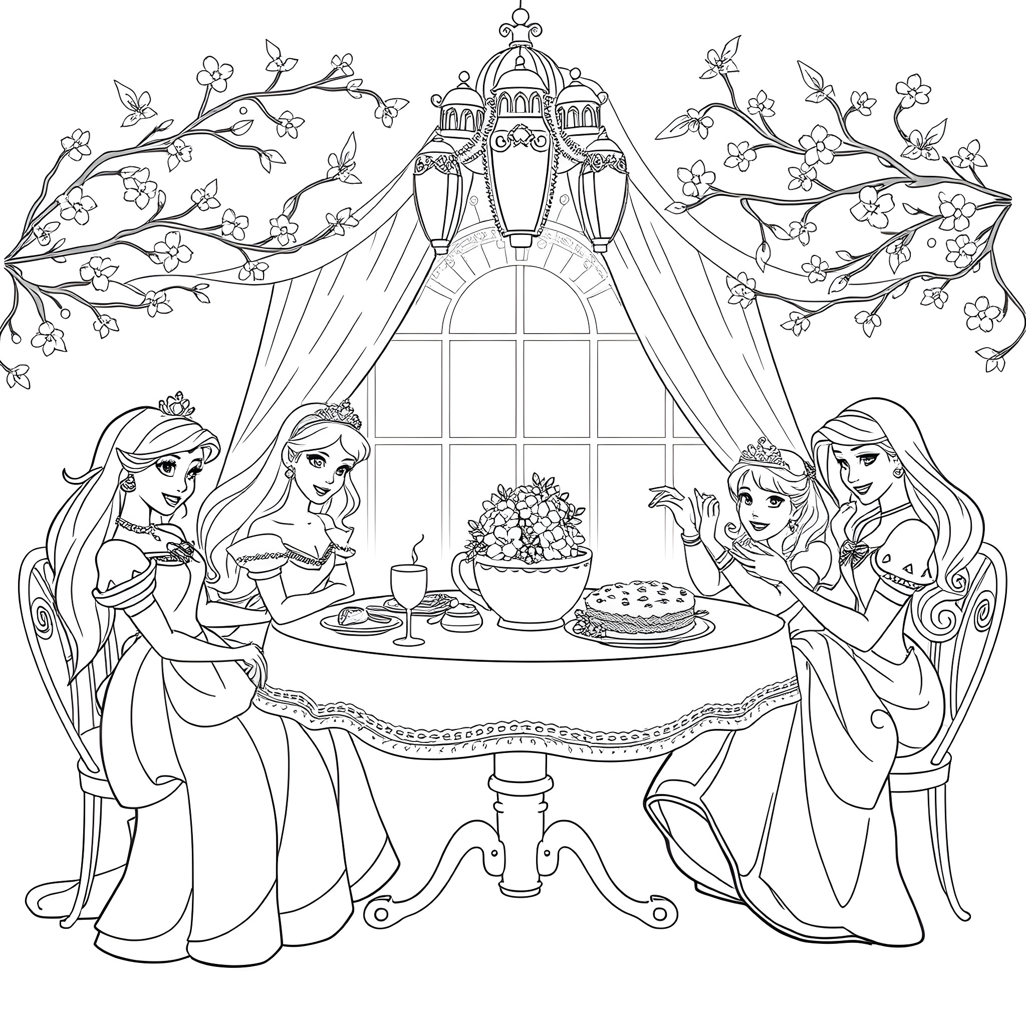Princess Enjoying Elegant Tea Party with Friends Coloring Page (free black-and-white line drawing printable PDF for all, from beginners to advanced learners, including children, teens, adults, and seniors)