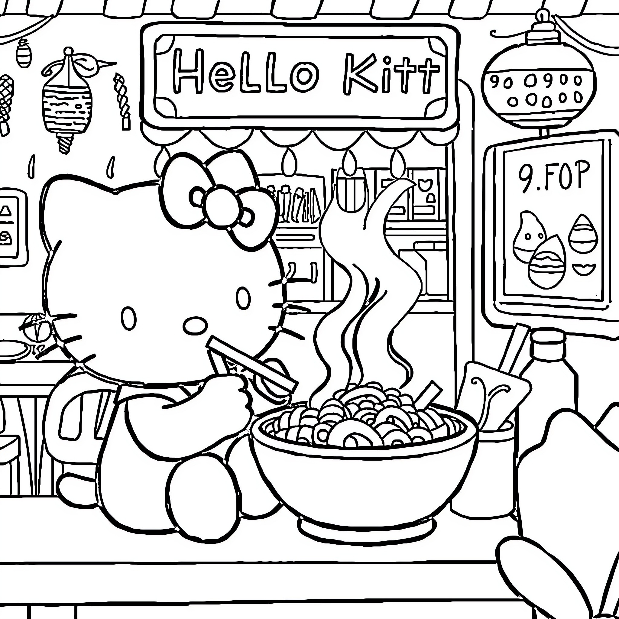 Hello Kitty cooking in a kitchen setting Coloring Page (free black-and-white line drawing printable PDF for all, from beginners to advanced learners, including children, teens, adults, and seniors)