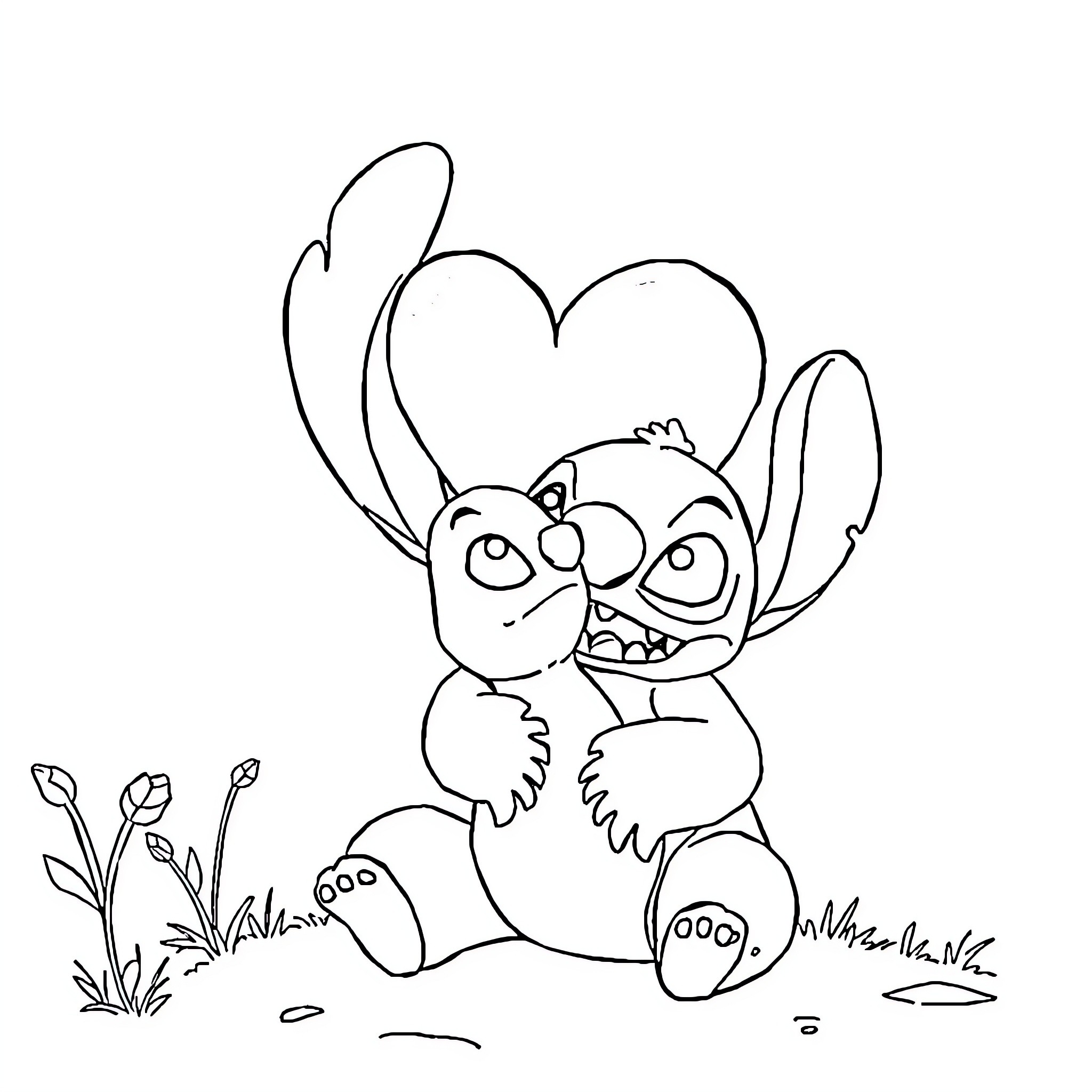 Heart-Shaped Creature in Playful Embrace Coloring Page (free black-and-white line drawing printable PDF for all, from beginners to advanced learners, including children, teens, adults, and seniors)