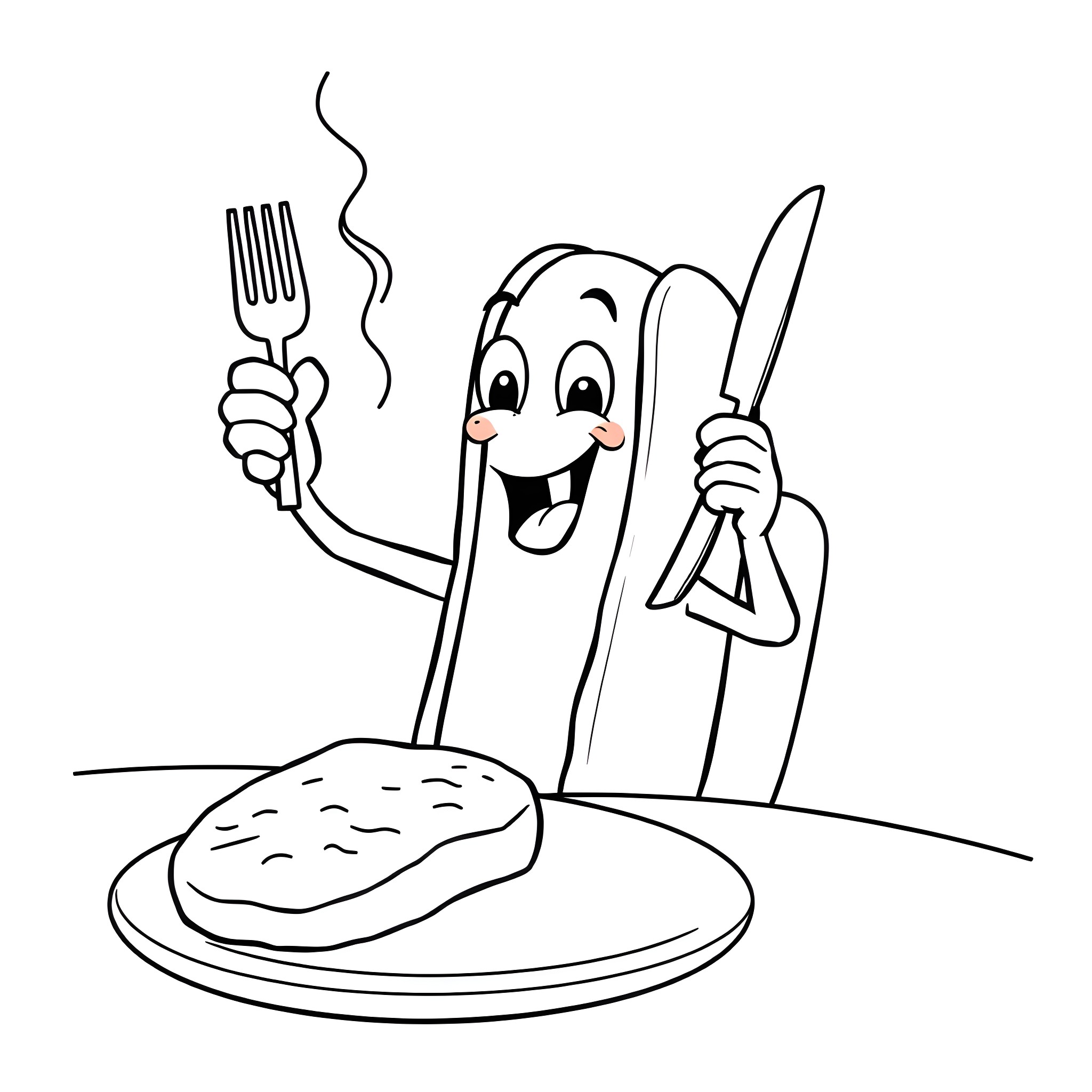 Hotdog cooking happily with utensils Coloring Page (free black-and-white line drawing printable PDF for all, from beginners to advanced learners, including children, teens, adults, and seniors)