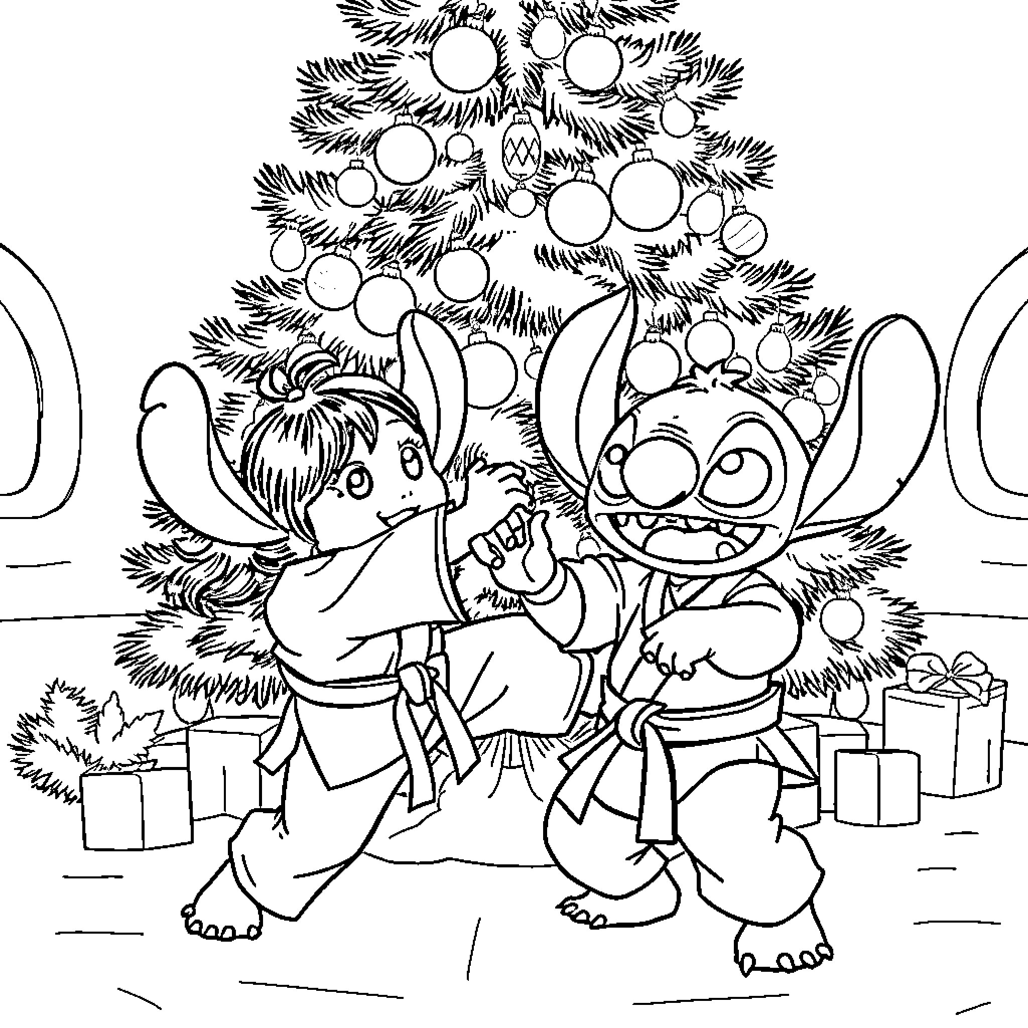 Lilo and Stitch decorate the Christmas tree together Coloring Page (free black-and-white line drawing printable PDF for all, from beginners to advanced learners, including children, teens, adults, and seniors)