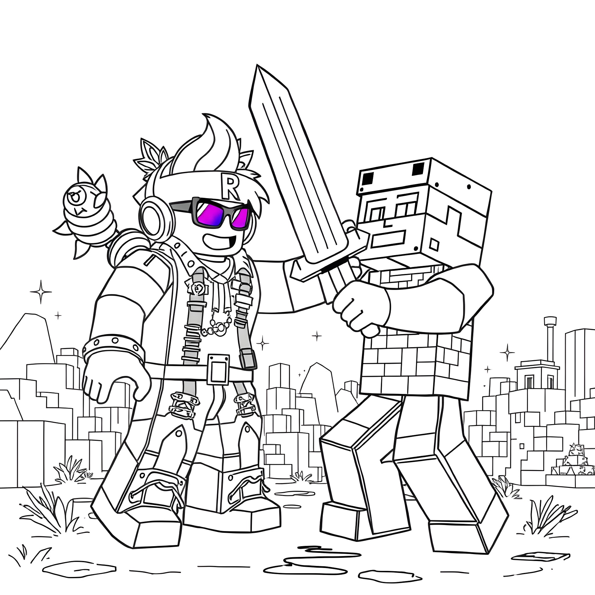 Character in futuristic attire with a robotic companion Coloring Page (free black-and-white line drawing printable PDF for all, from beginners to advanced learners, including children, teens, adults, and seniors)