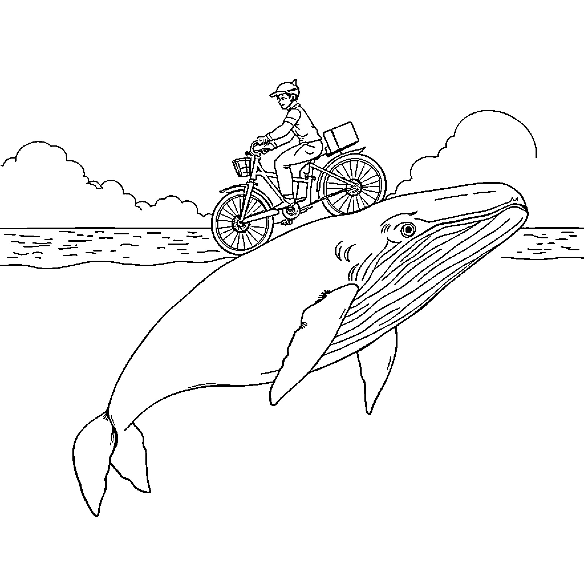 Siren riding bicycle on the back of a whale Coloring Page (free black-and-white line drawing printable PDF for all, from beginners to advanced learners, including children, teens, adults, and seniors)