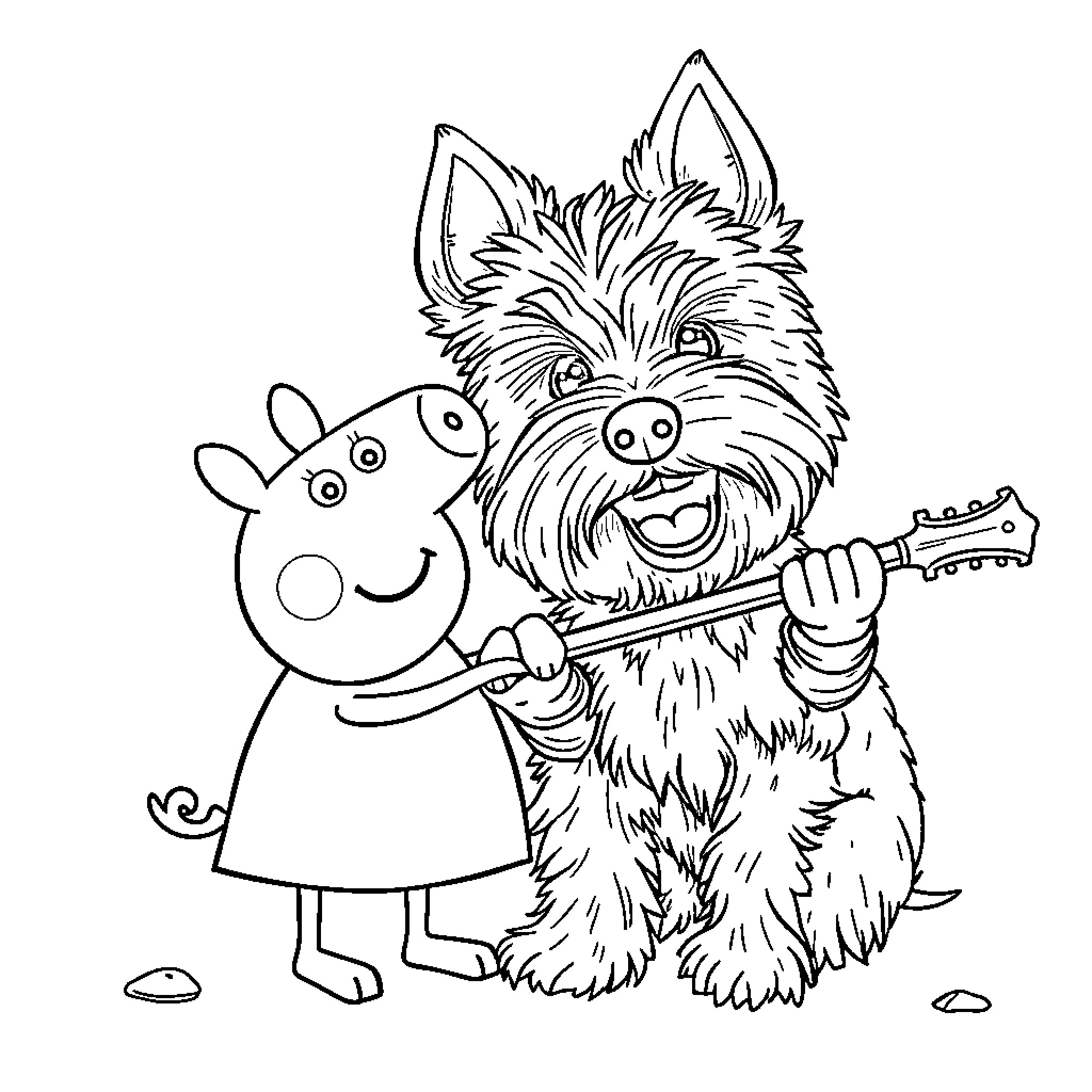 Yorkshire Toy Pup and Piggy Play Together Coloring Page (free black-and-white line drawing printable PDF for all, from beginners to advanced learners, including children, teens, adults, and seniors)