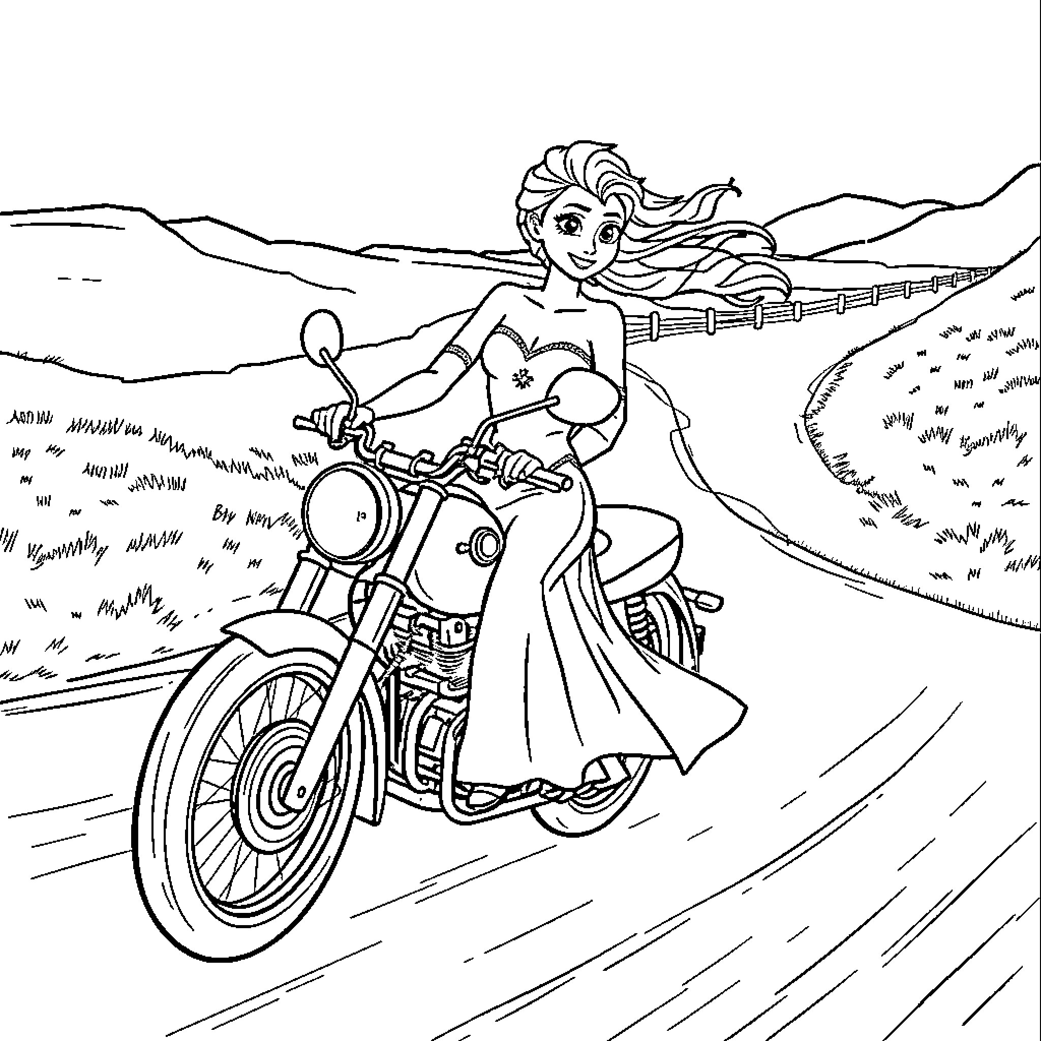 Elsa riding a motorcycle through the countryside Coloring Page (free black-and-white line drawing printable PDF for all, from beginners to advanced learners, including children, teens, adults, and seniors)