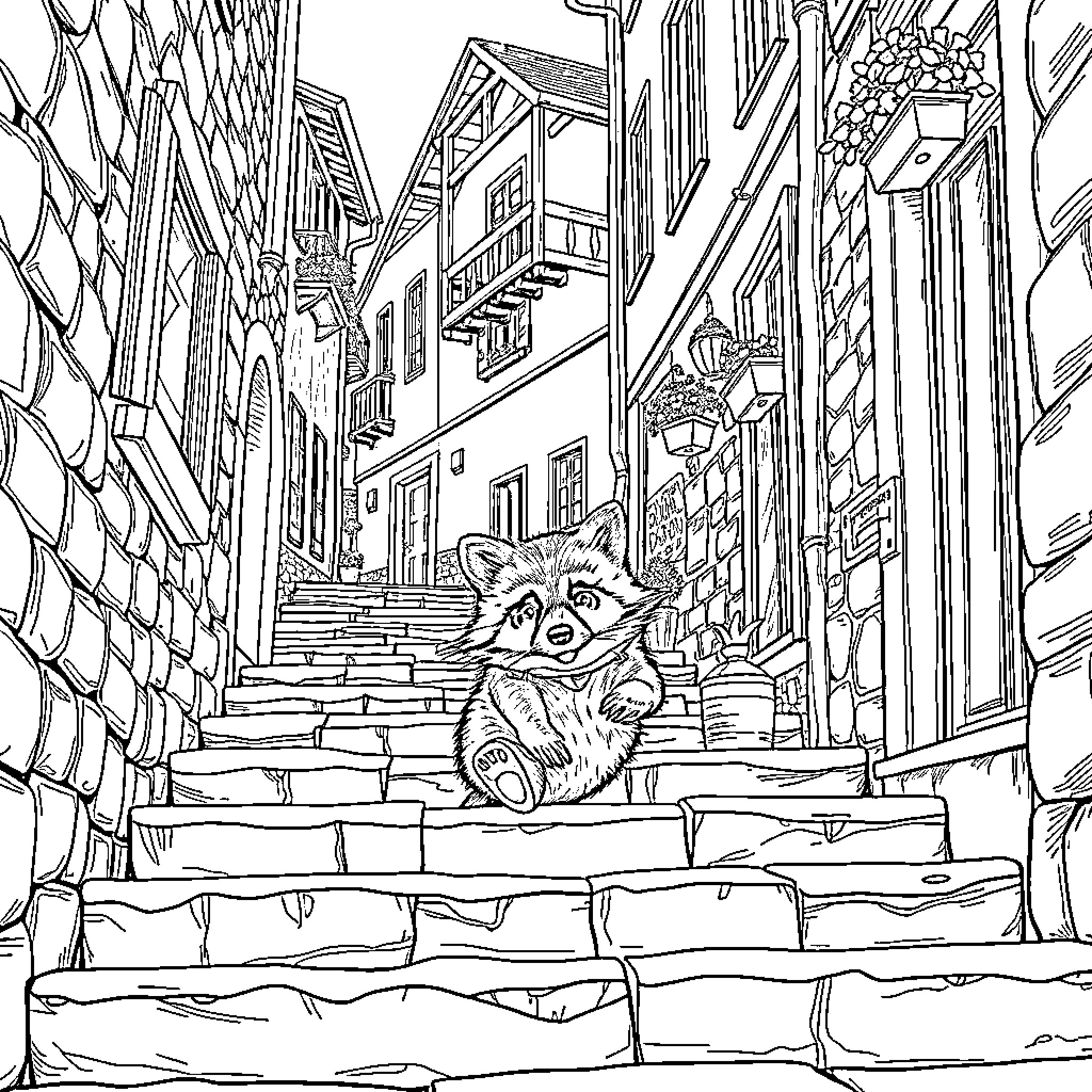 Raccoon exploring a bustling urban alleyway Coloring Page (free black-and-white line drawing printable PDF for all, from beginners to advanced learners, including children, teens, adults, and seniors)
