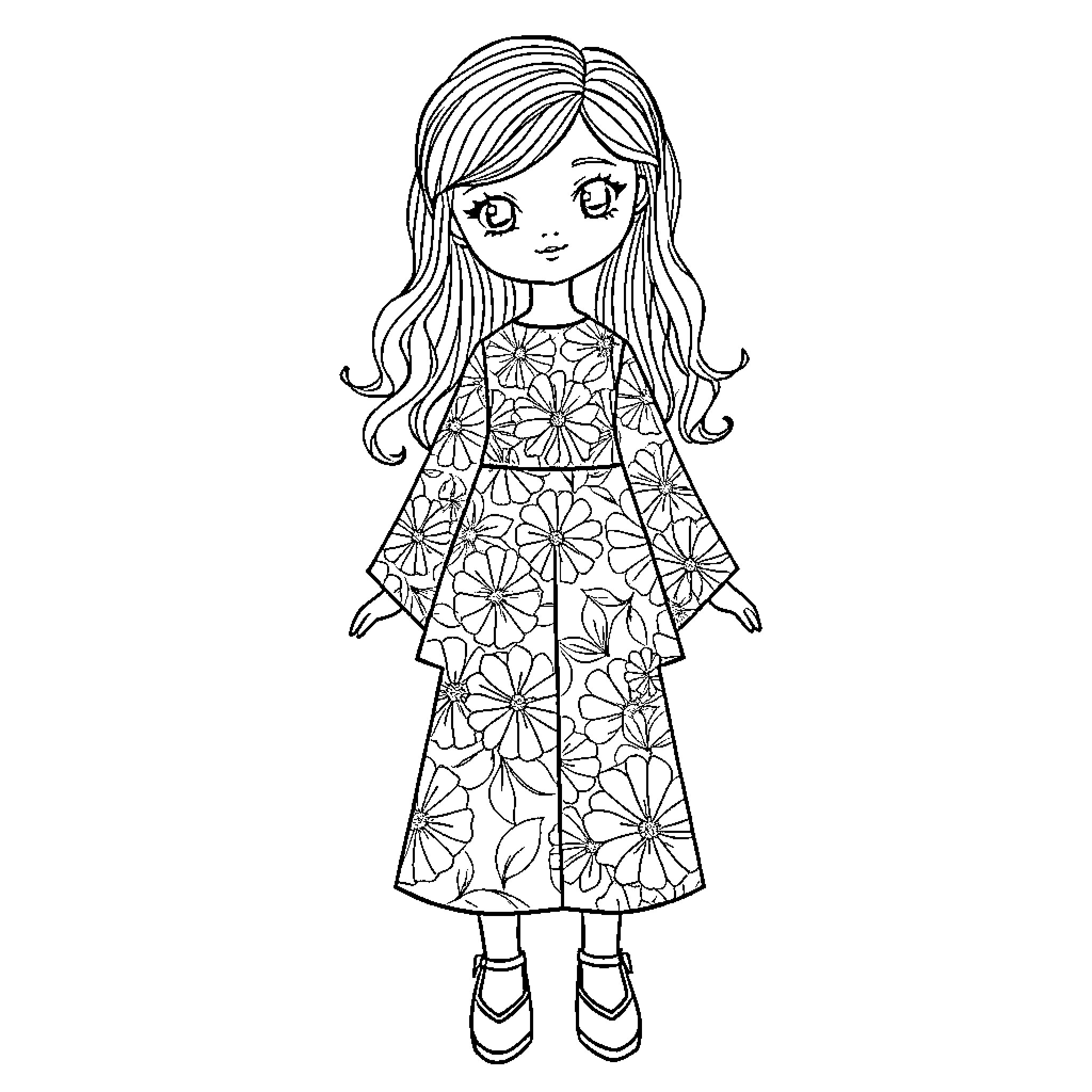Doll in floral dress with happy expression Coloring Page (free black-and-white line drawing printable PDF for all, from beginners to advanced learners, including children, teens, adults, and seniors)