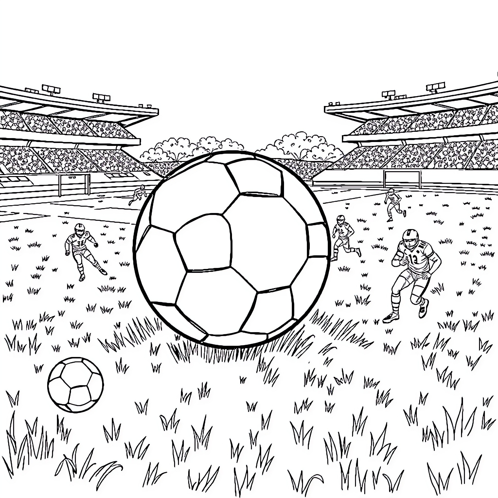 Football Match on the Field Coloring Page (free black-and-white line drawing printable PDF for all, from beginners to advanced learners, including children, teens, adults, and seniors)