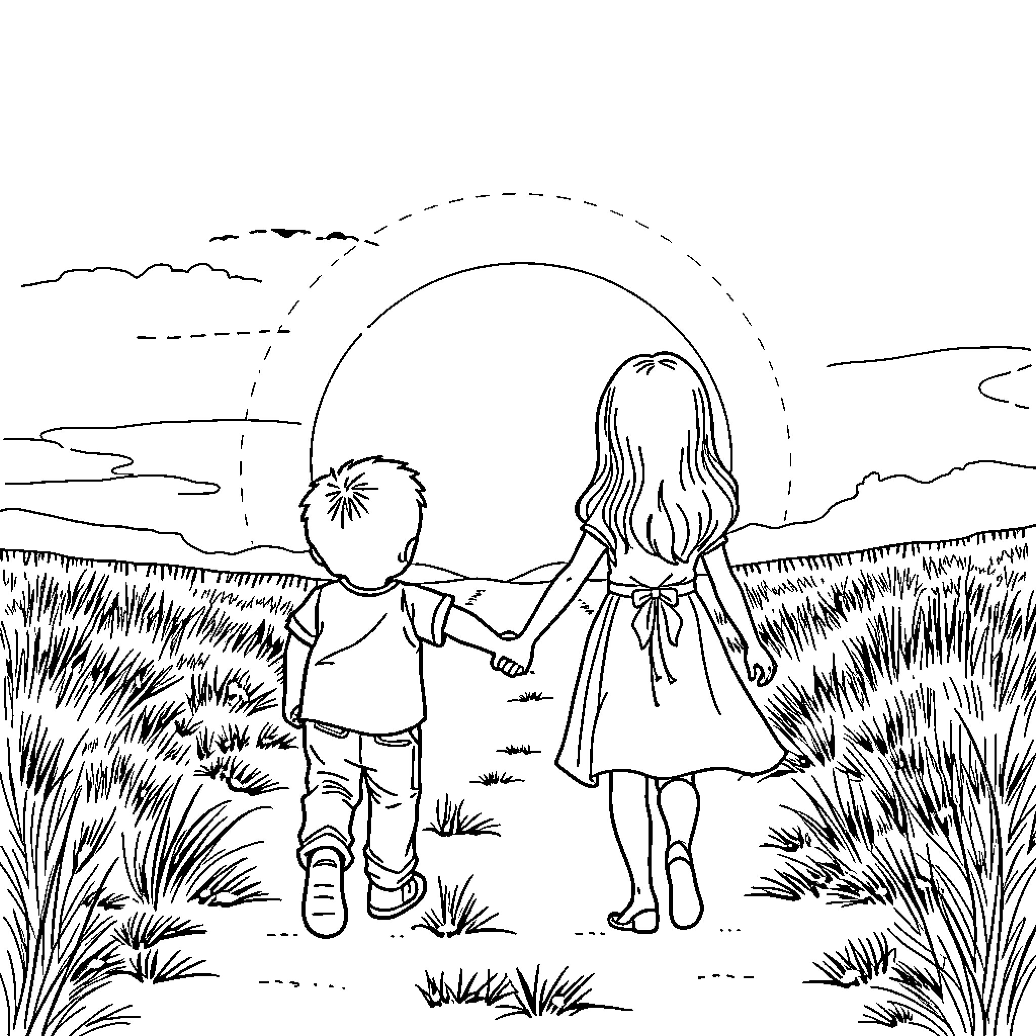 Child walking hand-in-hand with companion in nature Coloring Page (free black-and-white line drawing printable PDF for all, from beginners to advanced learners, including children, teens, adults, and seniors)