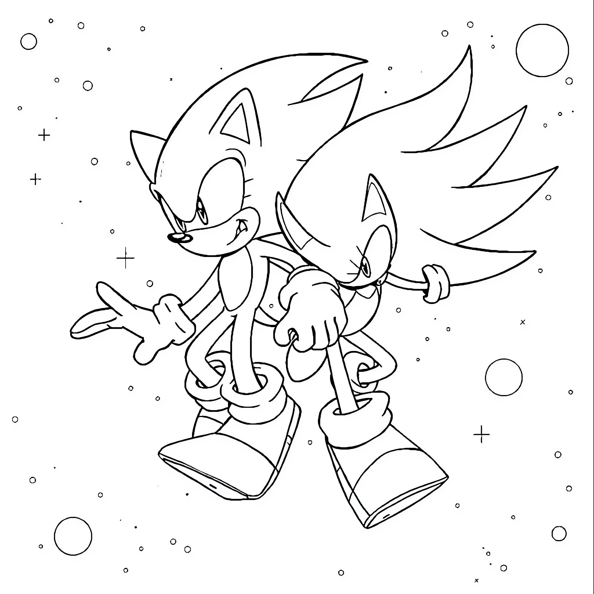 Sonic heroes running through the cosmos Coloring Page (free black-and-white line drawing printable PDF for all, from beginners to advanced learners, including children, teens, adults, and seniors)