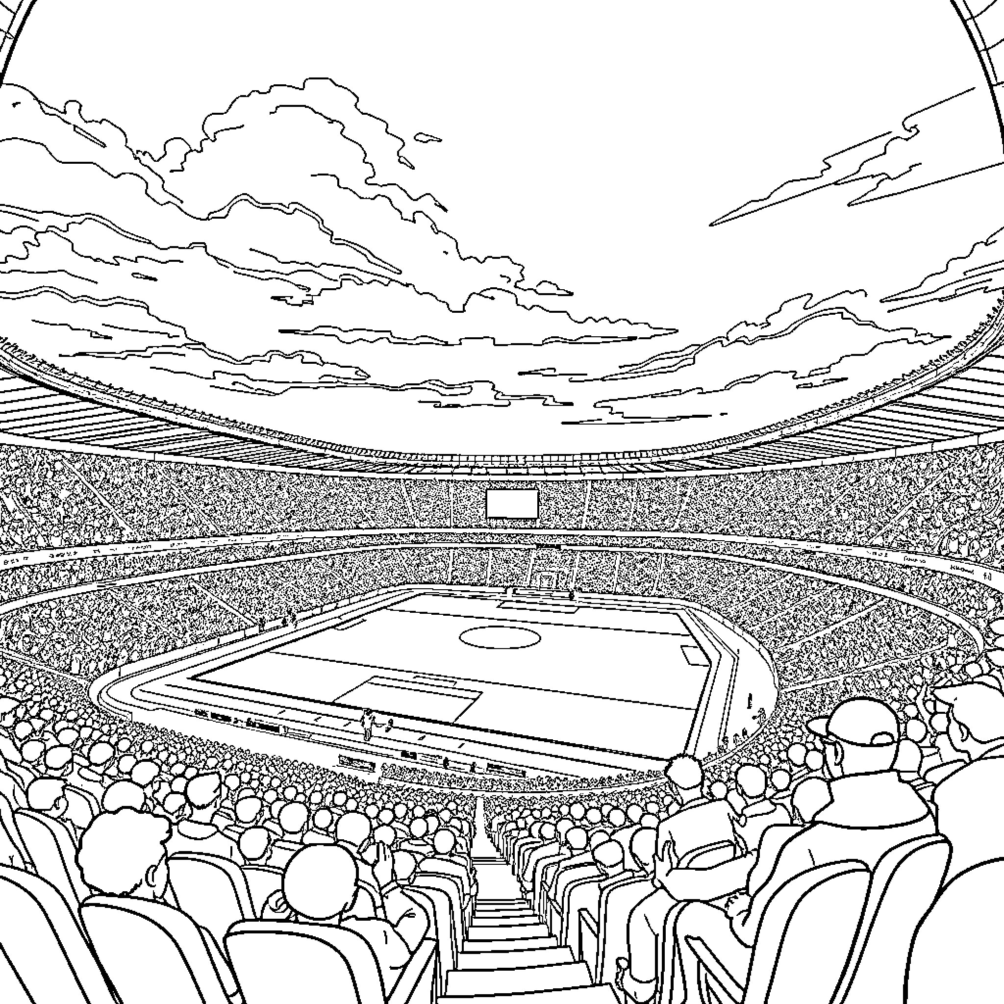 Estadio hosting crowd watching sports event Coloring Page (free black-and-white line drawing printable PDF for all, from beginners to advanced learners, including children, teens, adults, and seniors)