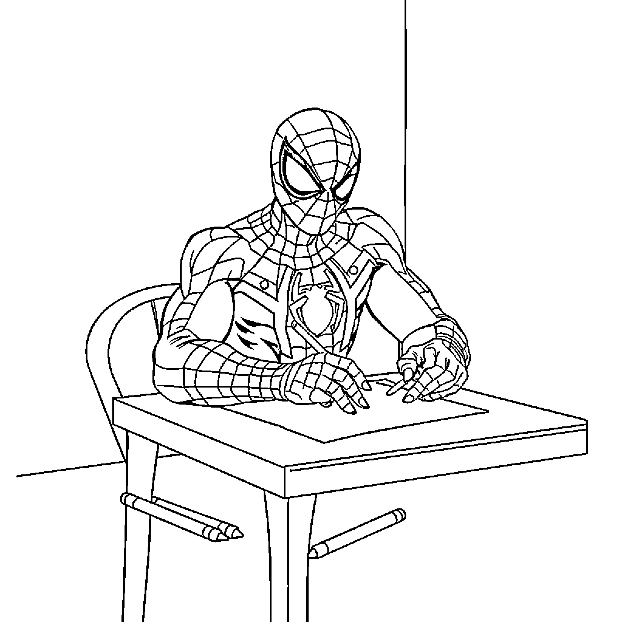 Spiderman studying diligently at his desk Coloring Page (free black-and-white line drawing printable PDF for all, from beginners to advanced learners, including children, teens, adults, and seniors)