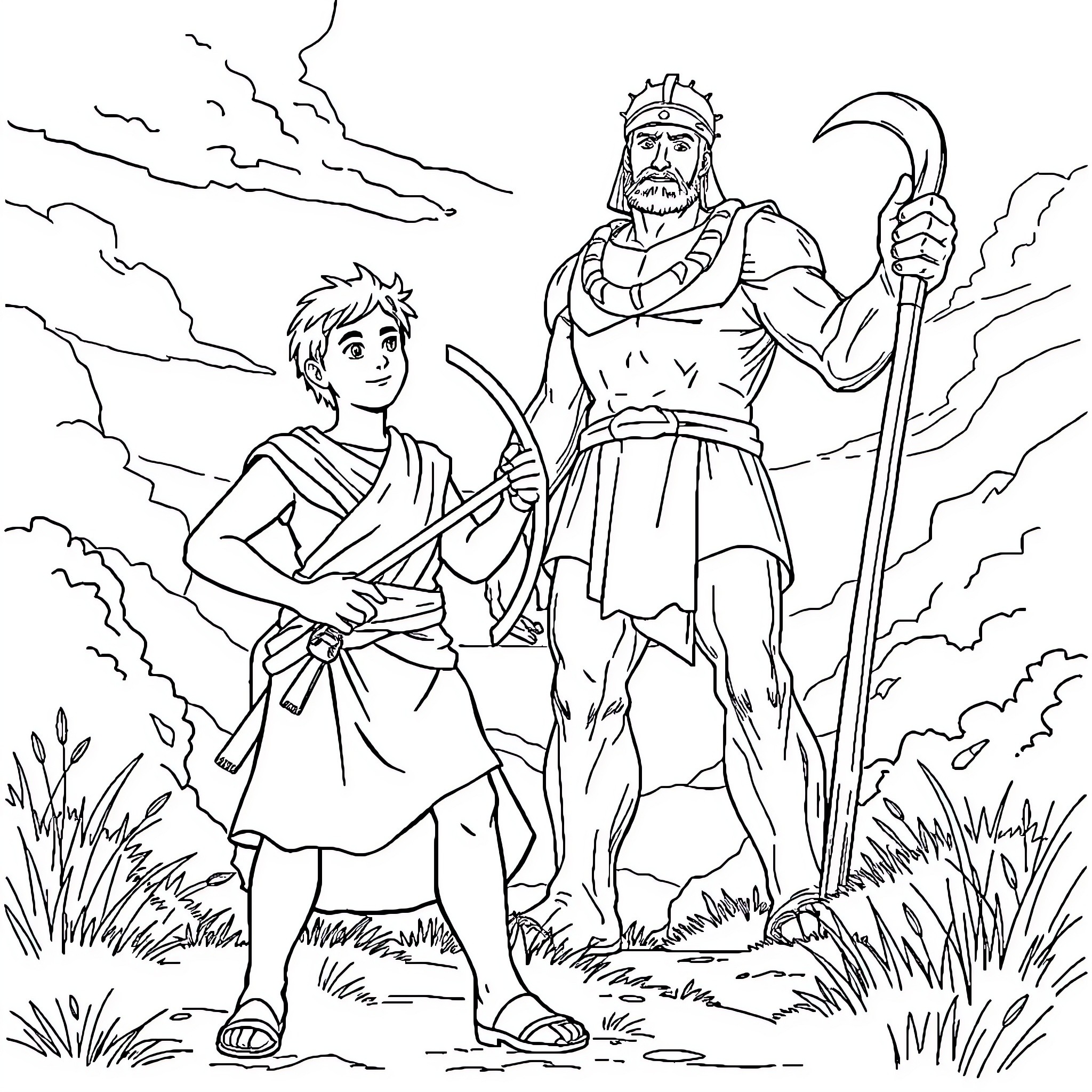 David and the Giant in a Dramatic Landscape Coloring Page (free black-and-white line drawing printable PDF for all, from beginners to advanced learners, including children, teens, adults, and seniors)