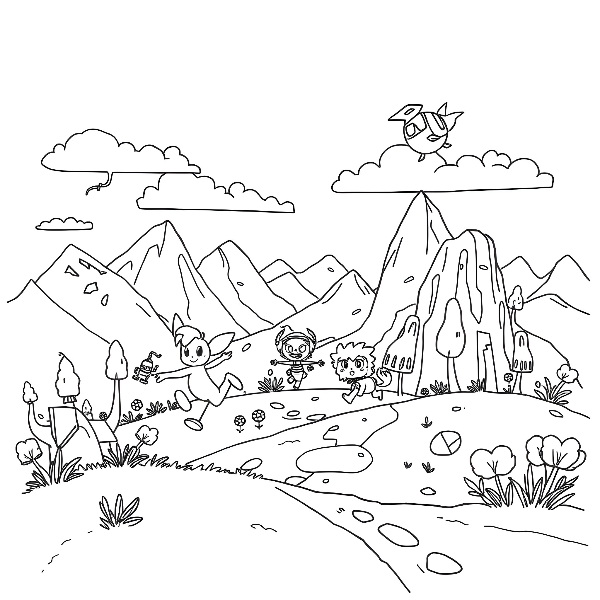 Minecraft Pokémon Sonic Mario characters exploring mountain scenery Coloring Page (free black-and-white line drawing printable PDF for all, from beginners to advanced learners, including children, teens, adults, and seniors)