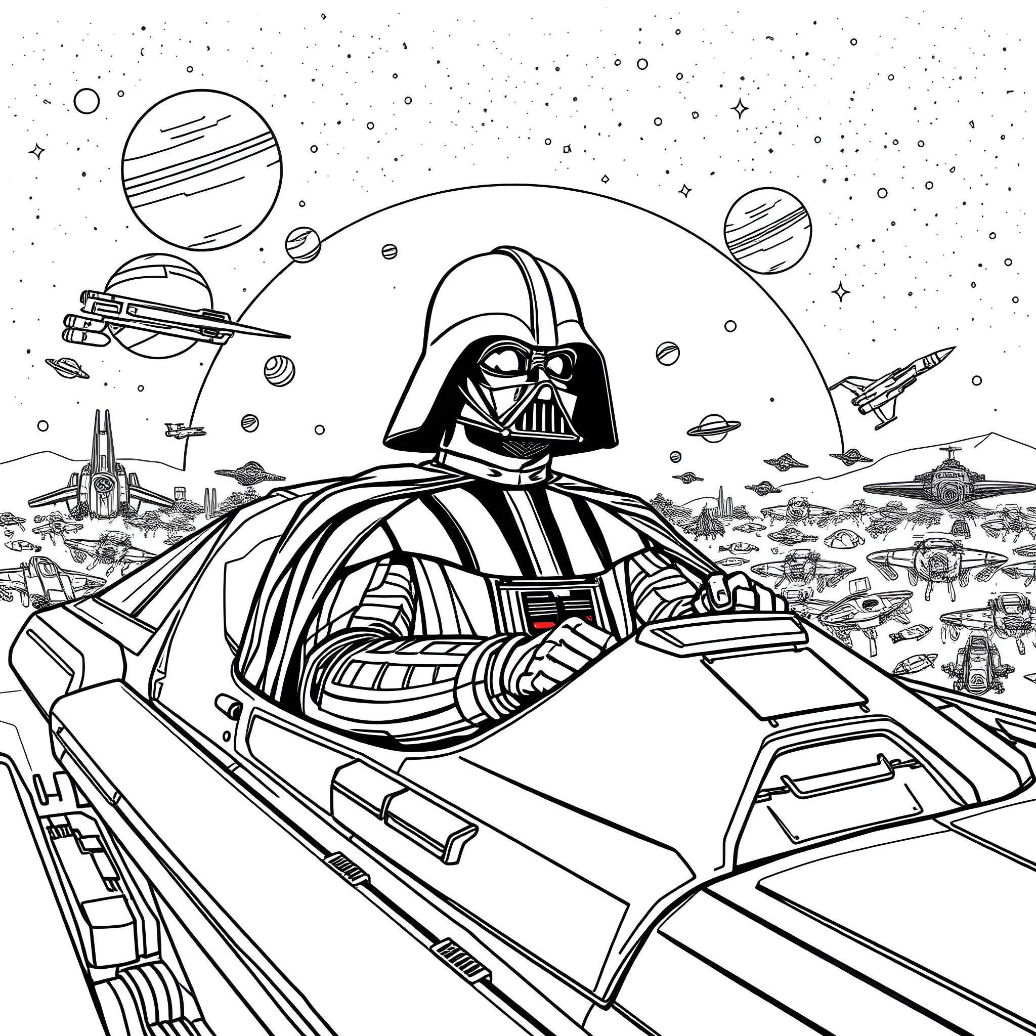 Darth Vader's Intergalactic Journey through the Stars Coloring Page (free black-and-white line drawing printable PDF for all, from beginners to advanced learners, including children, teens, adults, and seniors)
